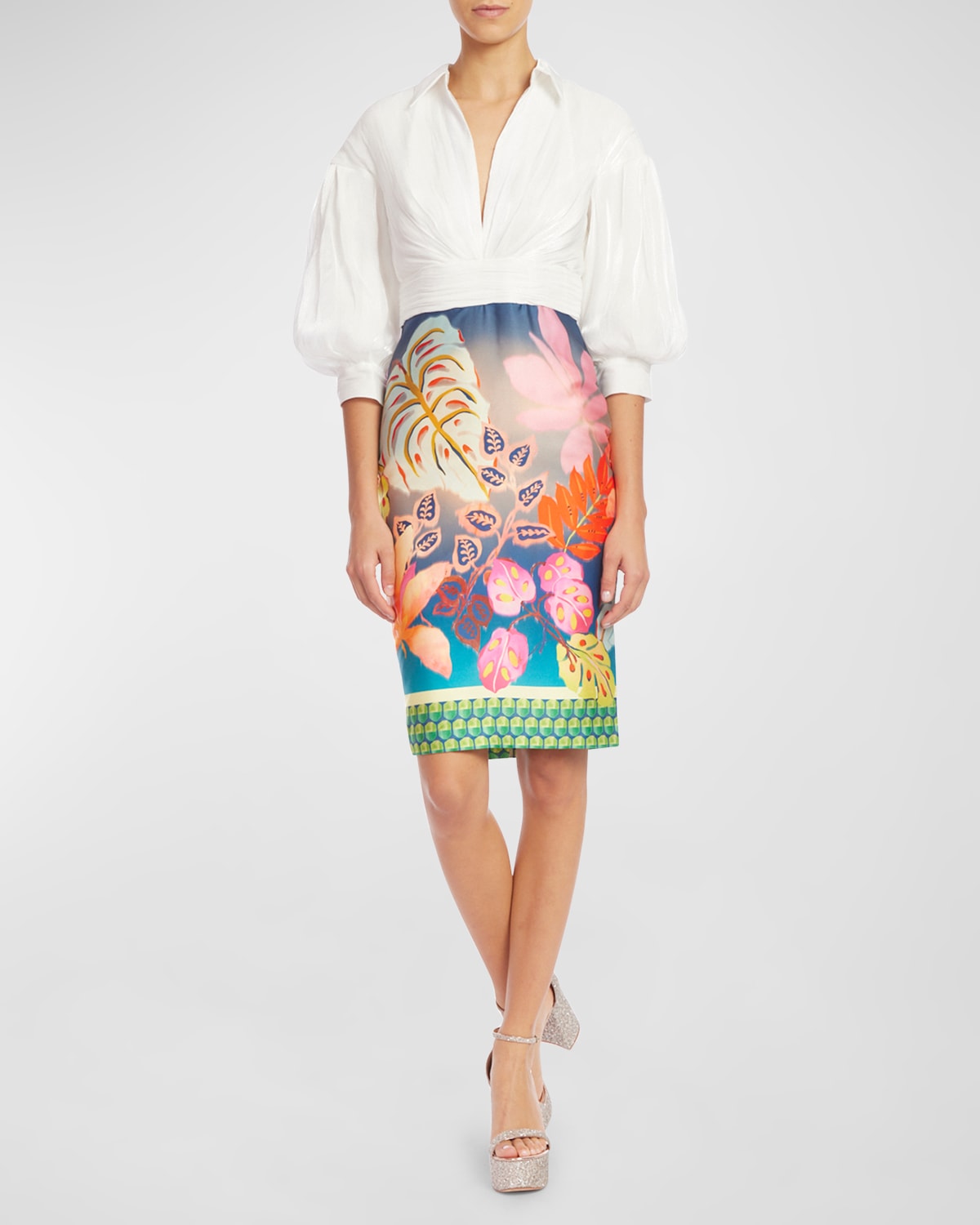 Ruched Floral-Print Balloon-Sleeve Midi Dress