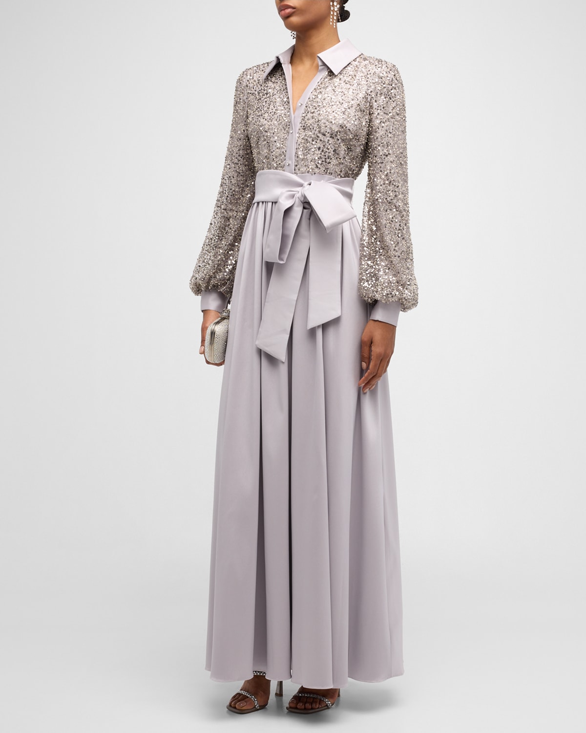 Blouson-Sleeve Sequin Shirt Gown