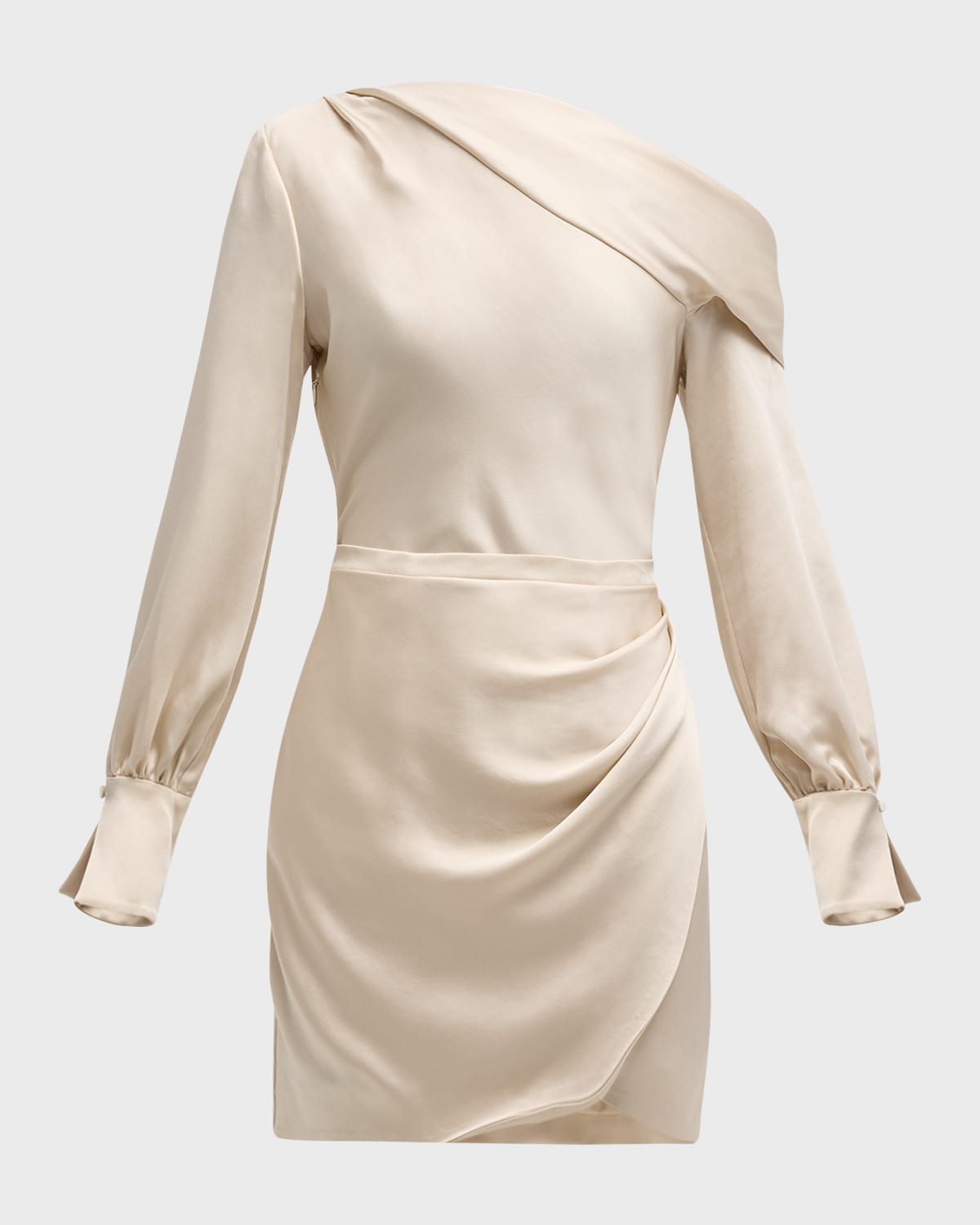Shop Simkhai Cameron One-shoulder Wrap-skirt Satin Mini Dress In Champagne