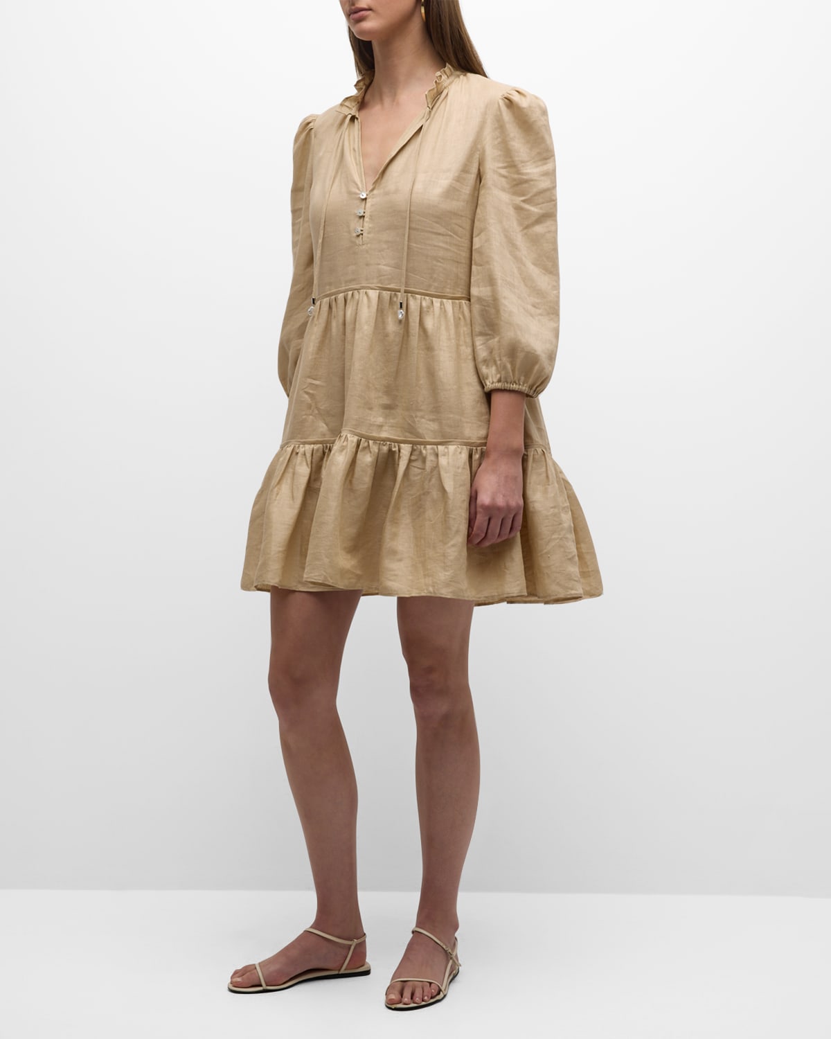 Veronica Beard Hawken V-neck Tiered Mini Dress In Pebble Khaki