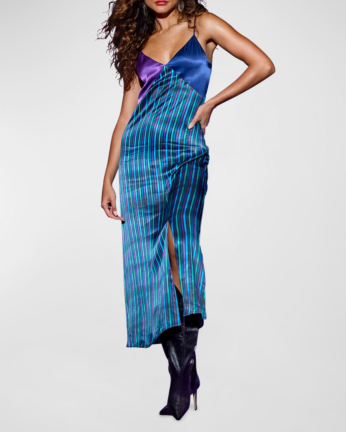 Jewel Stripe Silk V-Neck Dress