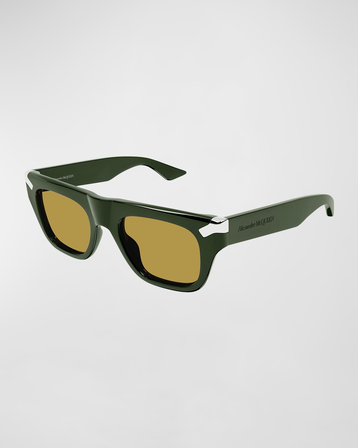 Shop Alexander Mcqueen Men's Acetate Rectangle Sunglasses In Shiny Solid Dark Green