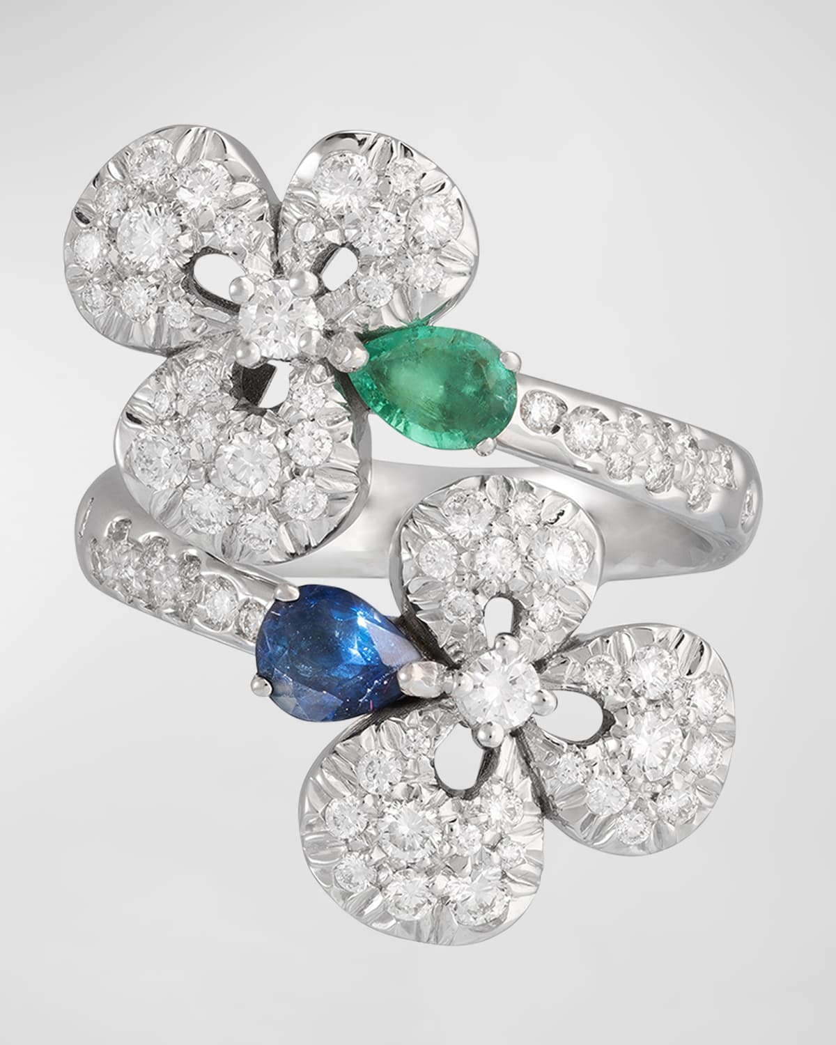 18K White Gold Ischia Diamond, Emerald, and Sapphire Ring