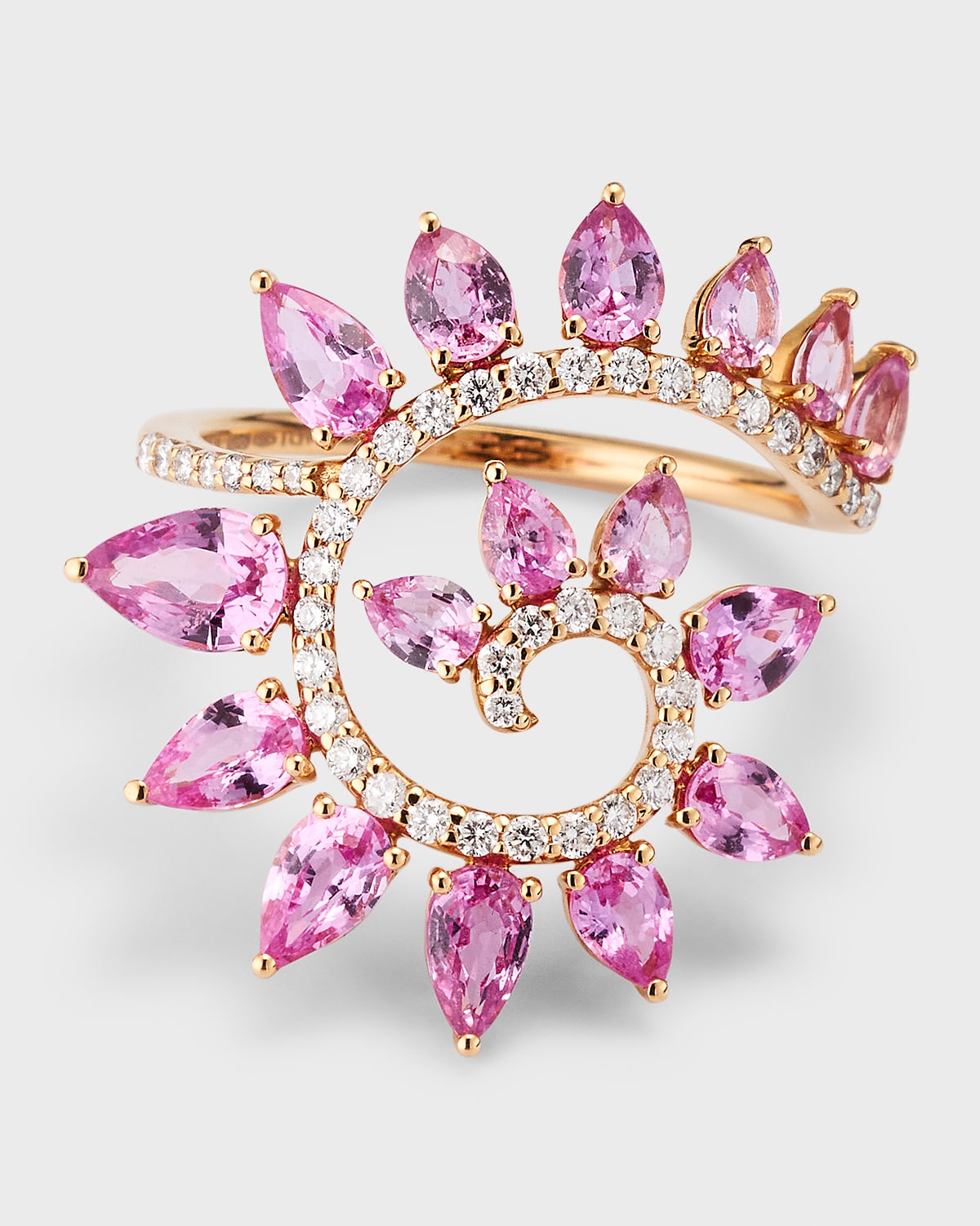 18k Yellow Gold Pink Sapphire and Diamond Double Spiral Ring, Size 6.5