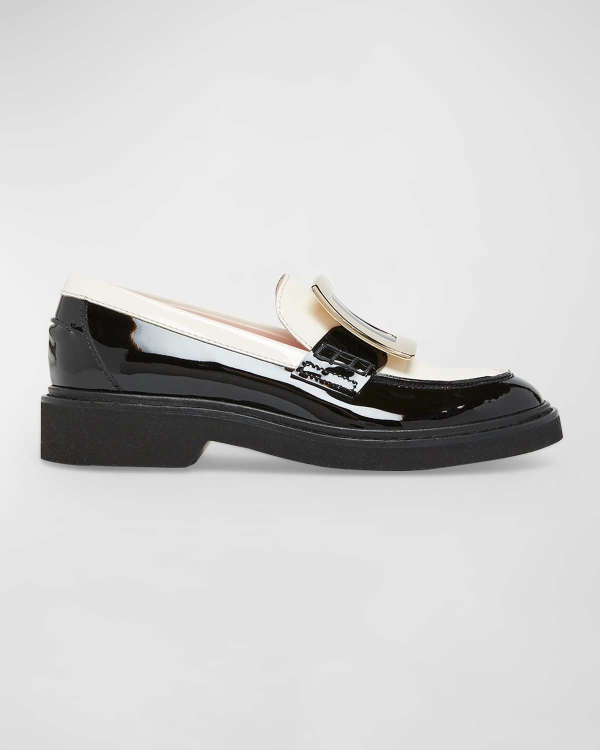 Shop Roger Vivier Viv Rangers Buckle Patent Loafers In Black/white