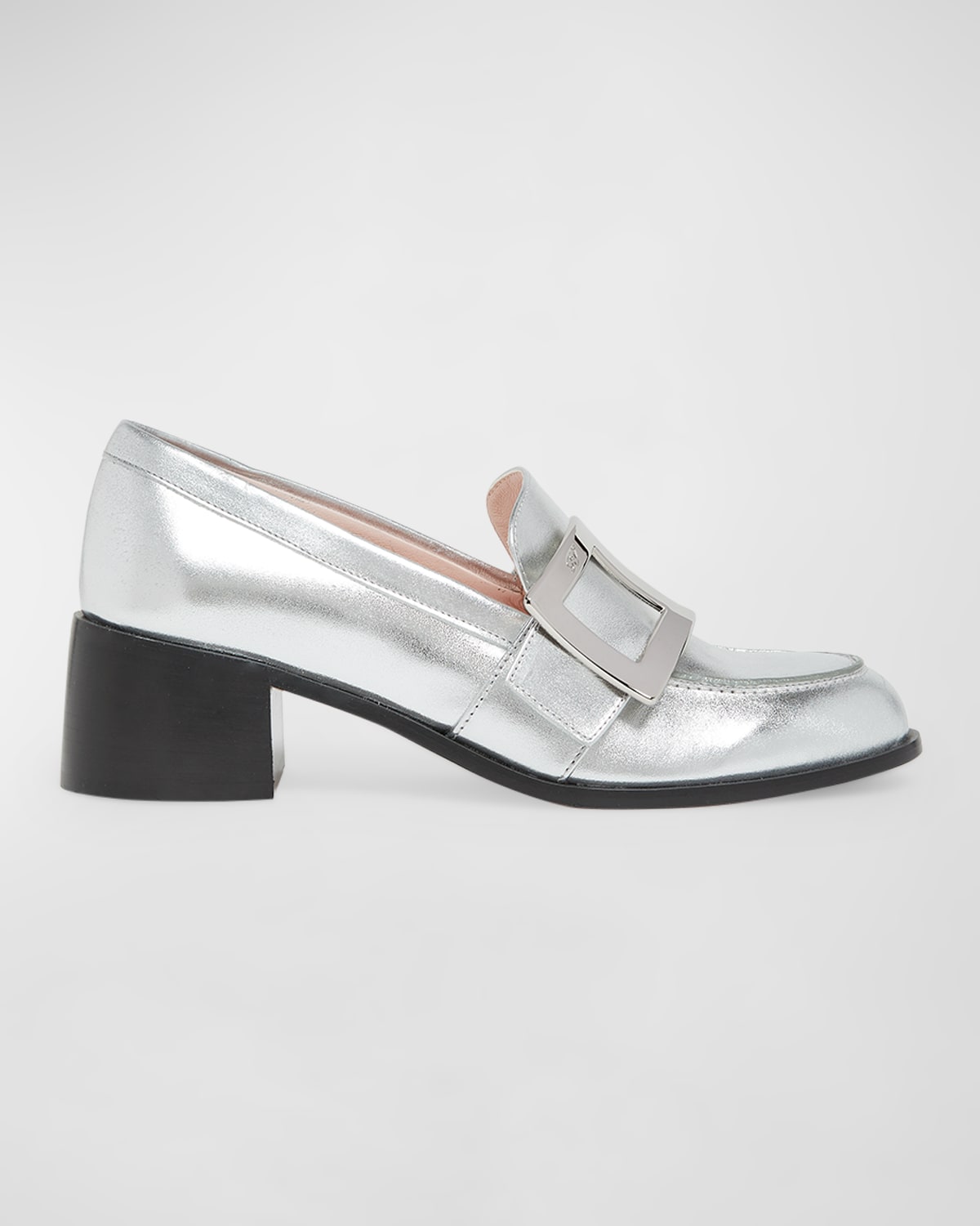 Shop Roger Vivier Viv Rangers Buckle Metallic Loafers In Argento