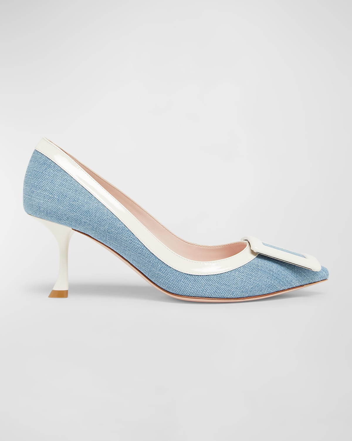 Roger Vivier Viv In The City Buckle Denim Pumps In Jeans Chiaro/whit