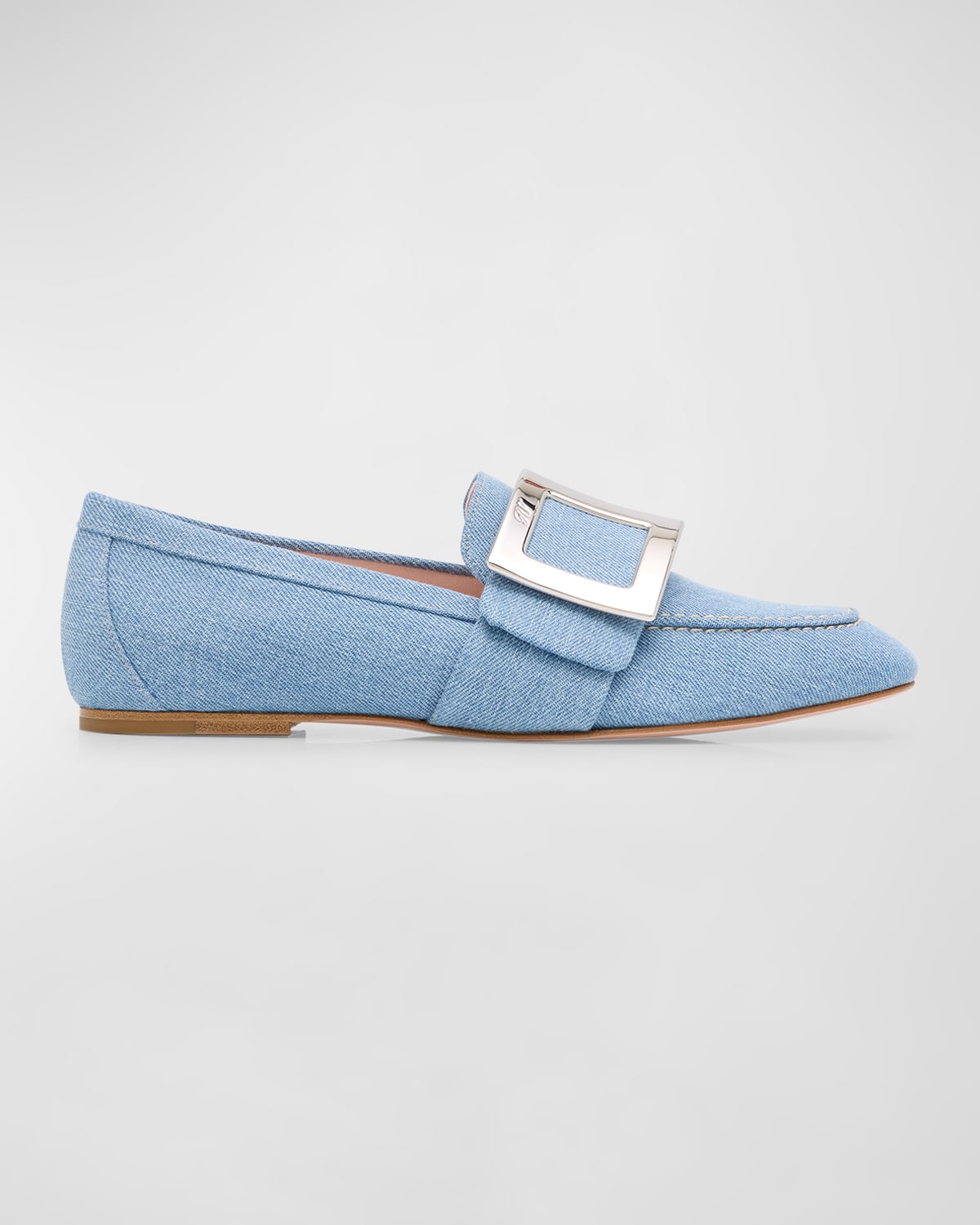 Shop Roger Vivier Denim Buckle Slip-on Loafers In Jeans Chiaro
