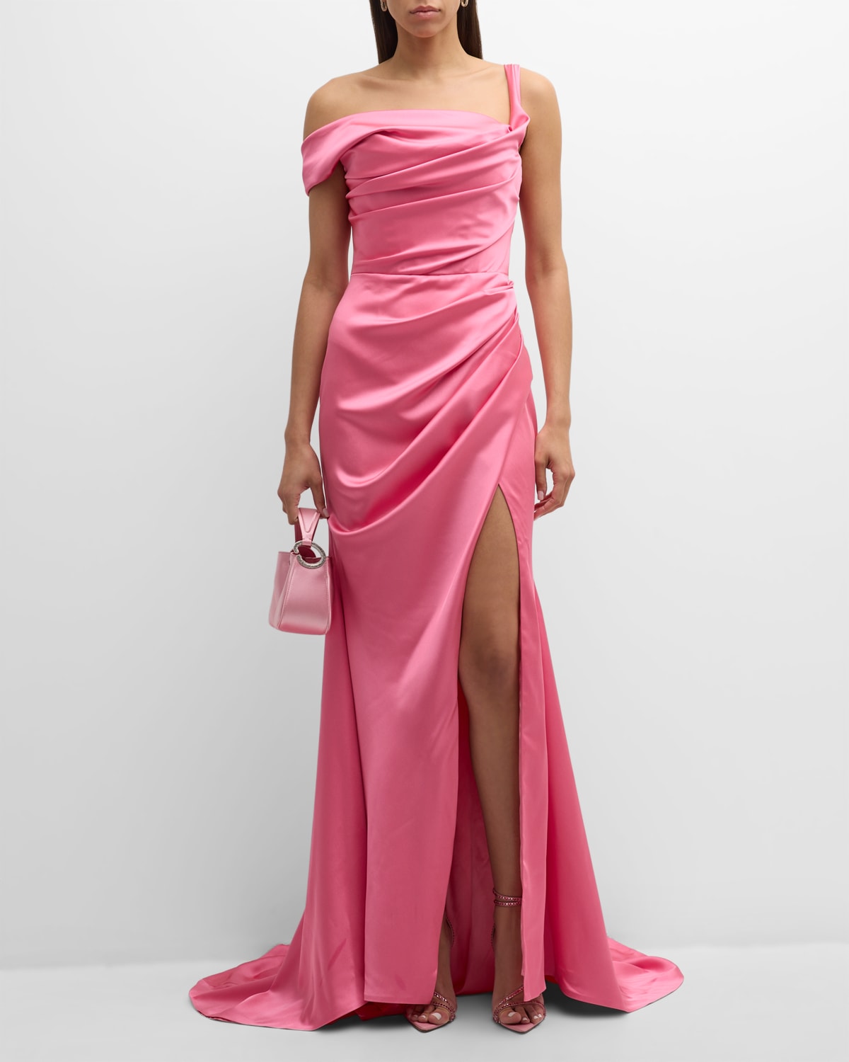 Gigii's Rosario Ruched One-shoulder A-line Gown In Iconic Pink Ip67