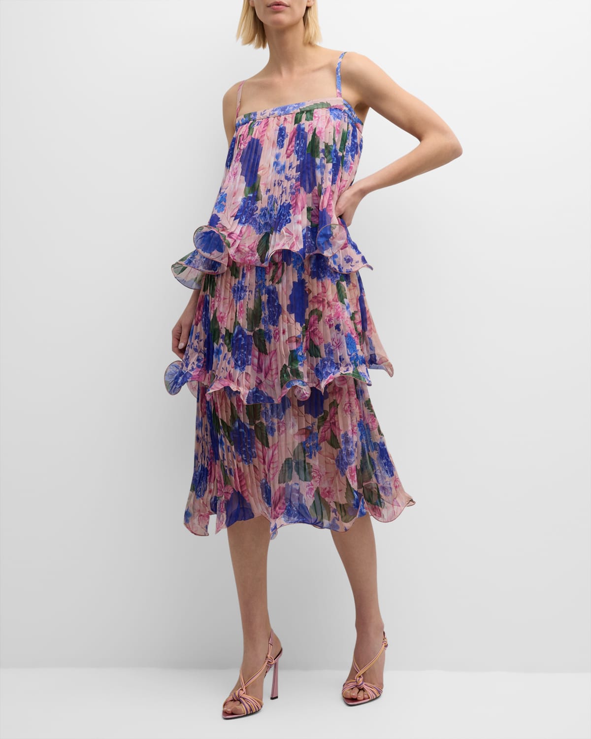 Neveda Pleated Floral-Print Tiered Midi Dress