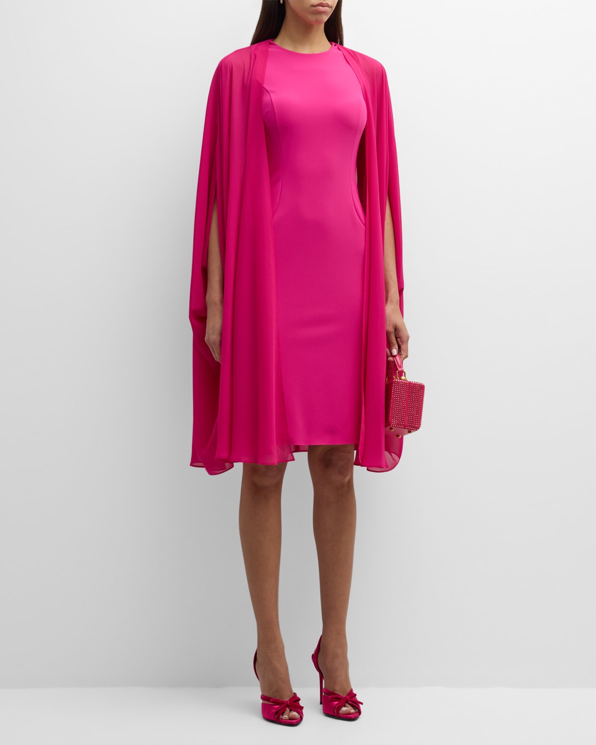 Rickie Freeman For Teri Jon Sleeveless A-line Cape Midi Dress In Hot Pink