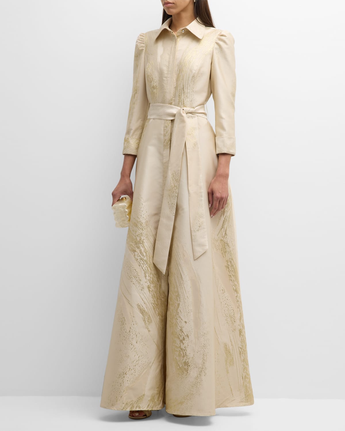 Rickie Freeman For Teri Jon 3/4-sleeve Metallic Jacquard Shirt Gown In Gold