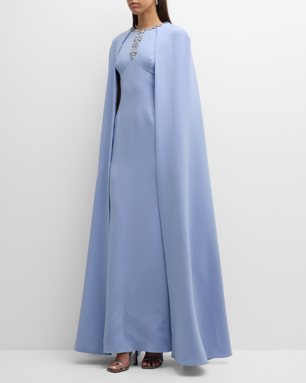 Rickie Freeman For Teri Jon Jewel-embellished Cape-sleeve Crepe Gown In Lavender