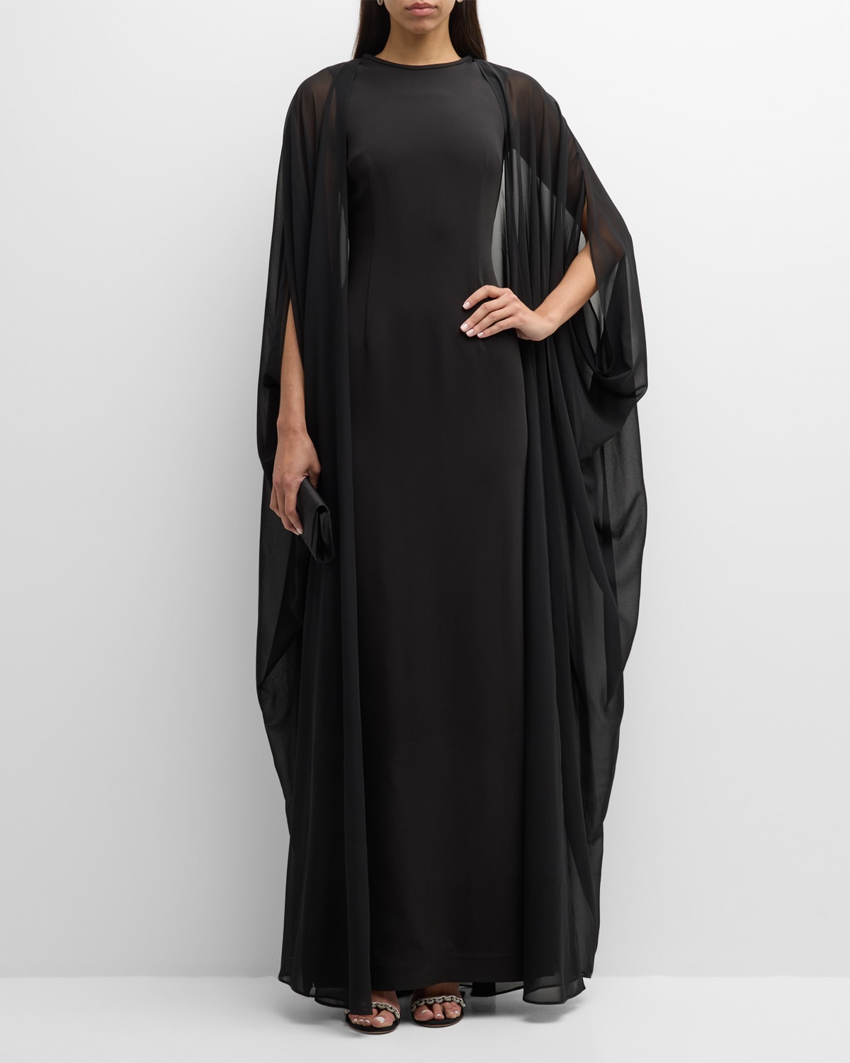 Rickie Freeman For Teri Jon Sleeveless Jewel-trim Chiffon Cape Gown In Black