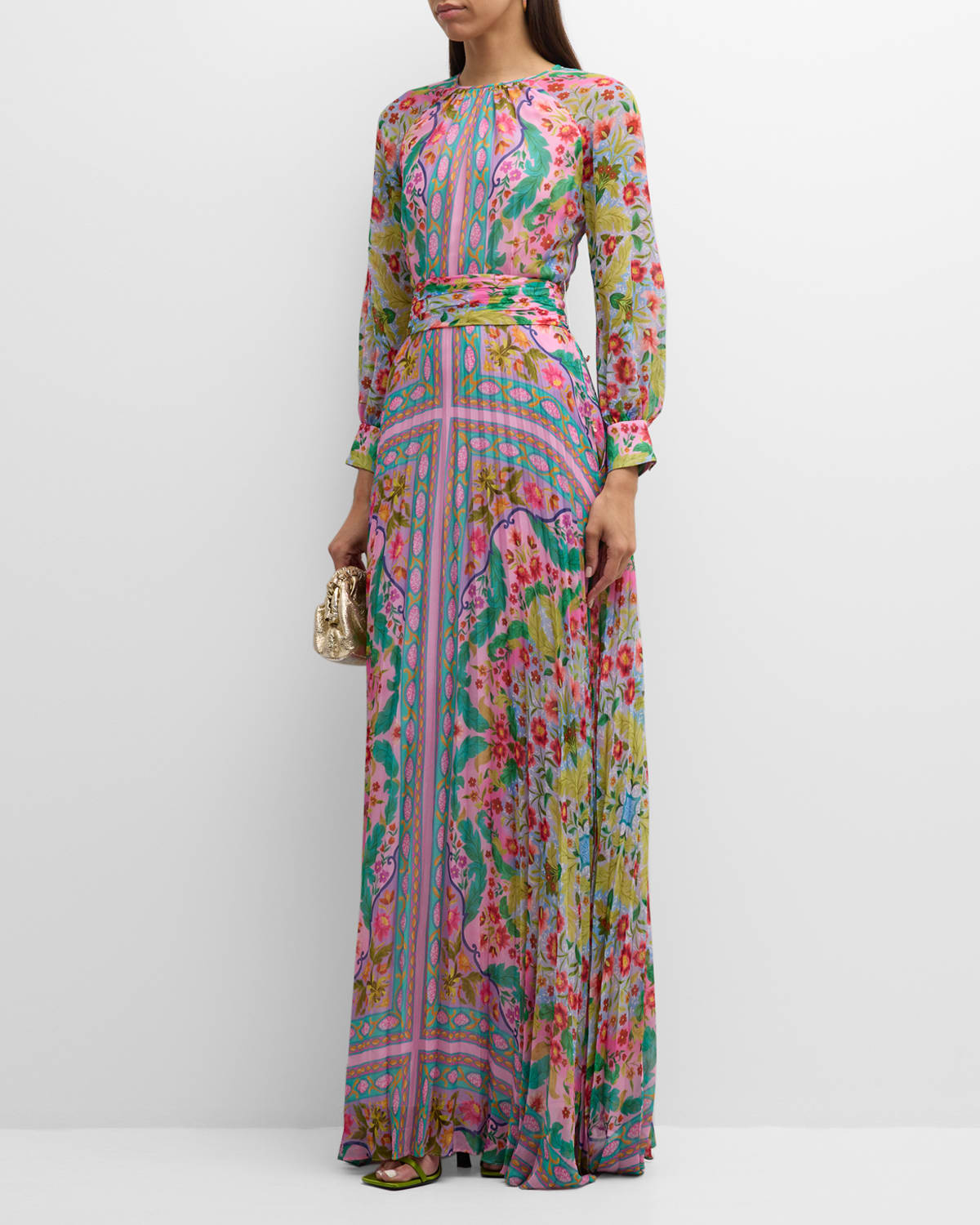 Rickie Freeman For Teri Jon Pleated Floral-print Chiffon Gown In Pink Multi