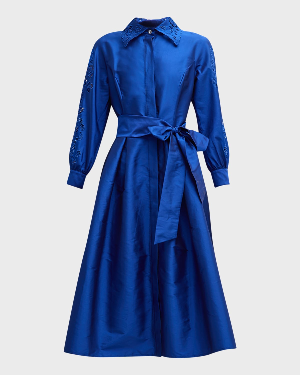 Rickie Freeman For Teri Jon Lace-inset Belted Taffeta Midi Shirtdress In Royal Blue