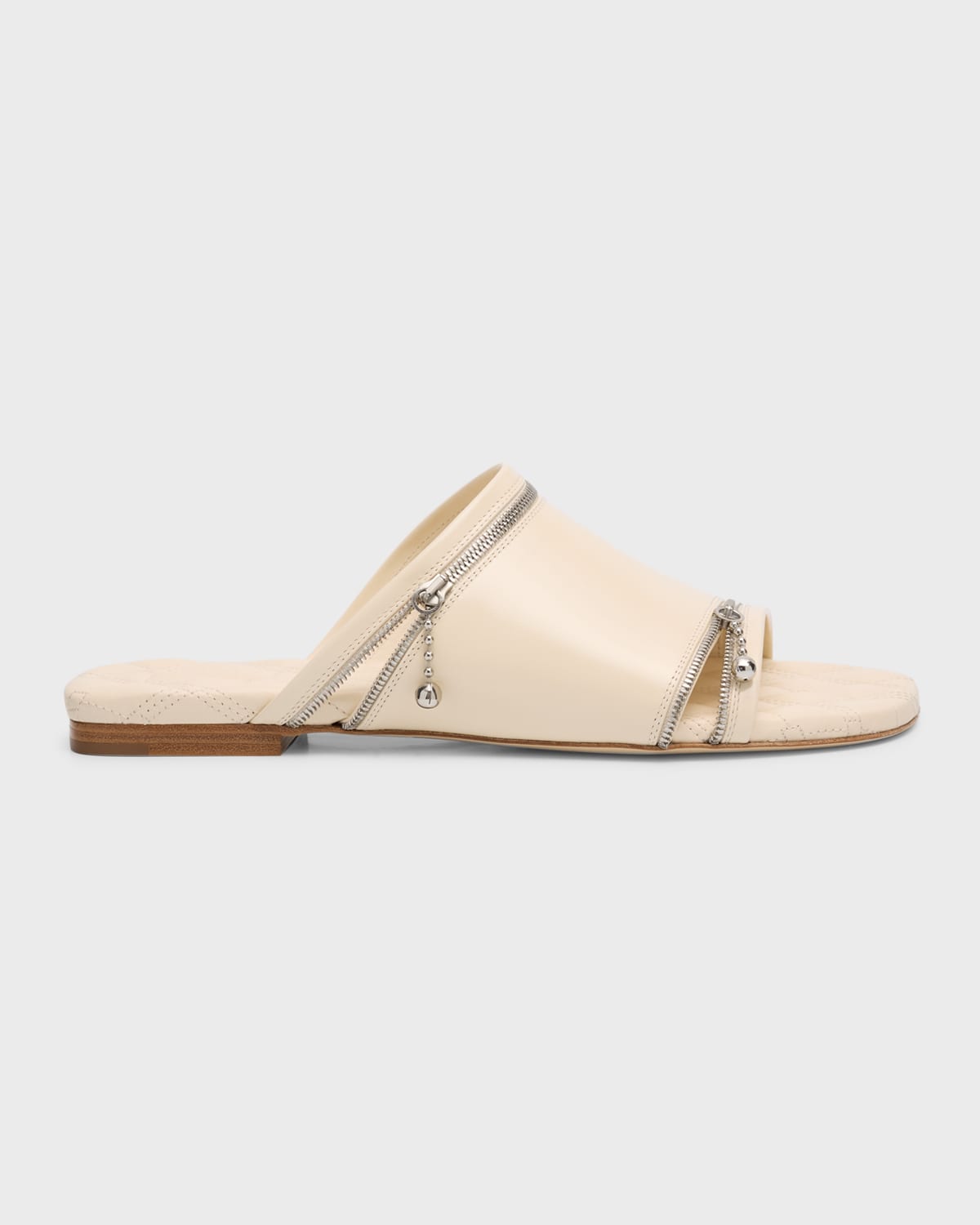 Shop Burberry Calfskin Zip Flat Slide Sandals In Ivory