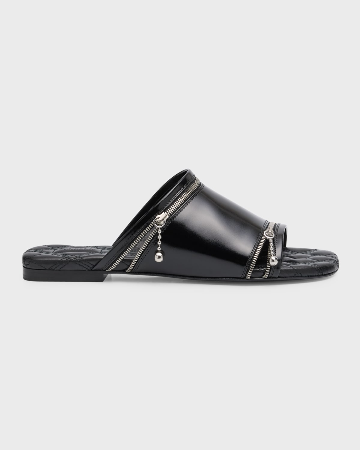 Shop Burberry Calfskin Zip Flat Slide Sandals In Black