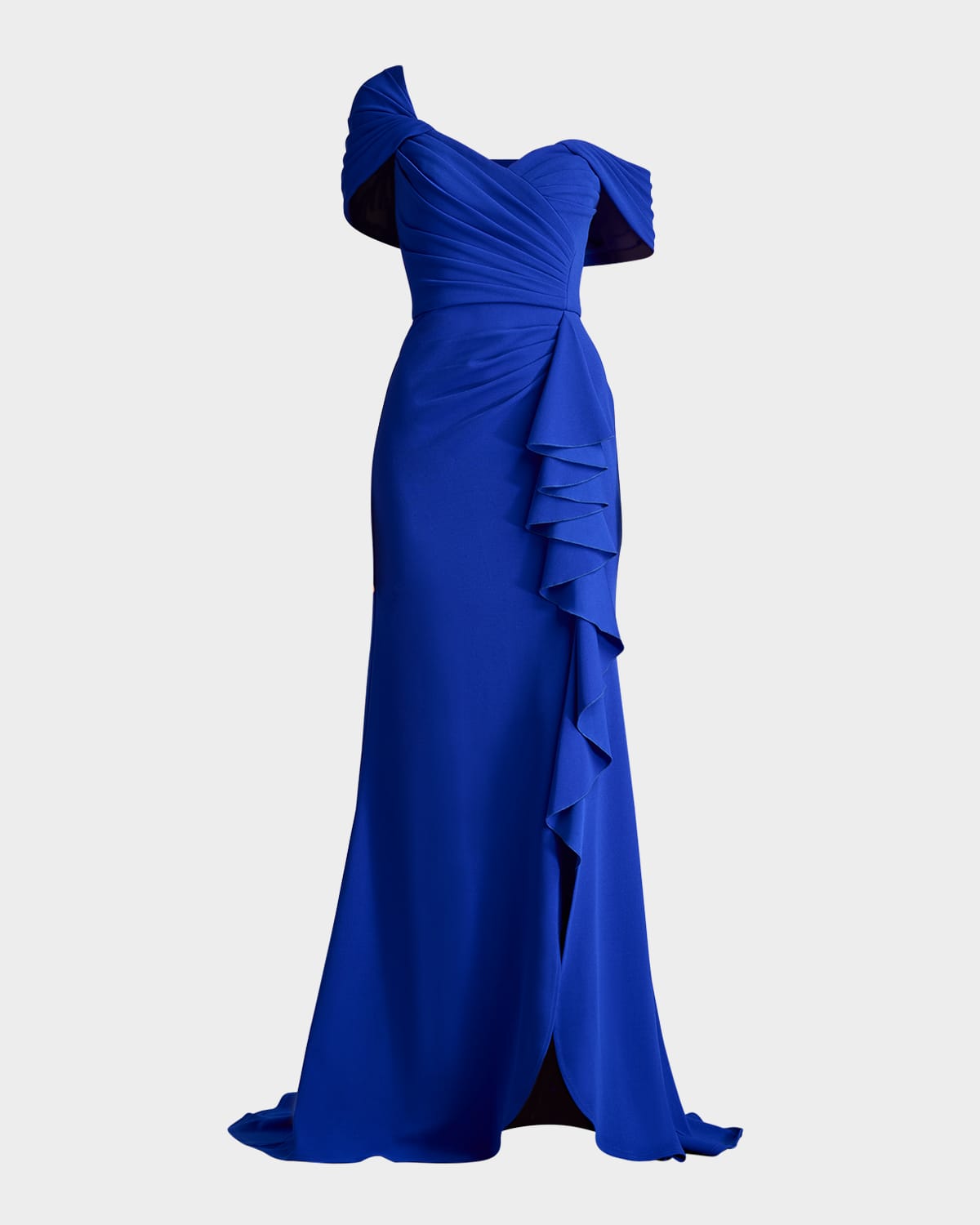 Shop Tadashi Shoji Off-shoulder Pleated Ruffle Gown In Mystic Blue