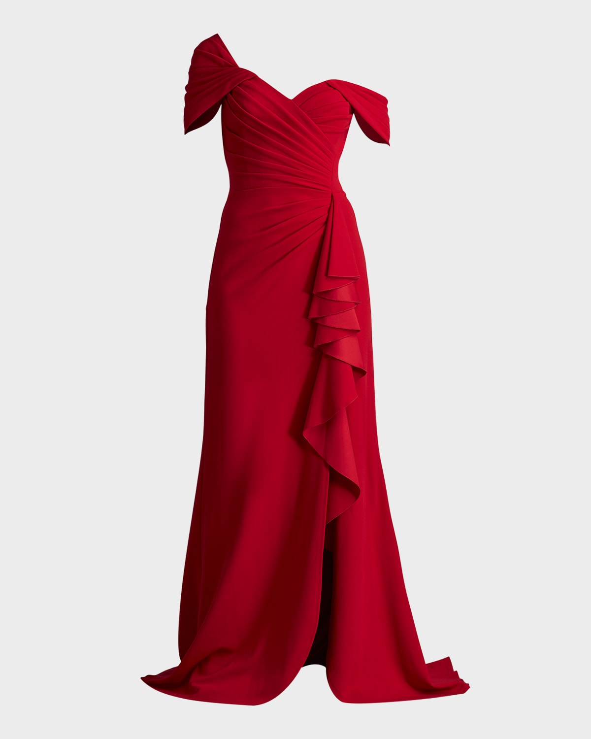 Shop Tadashi Shoji Off-shoulder Pleated Ruffle Gown In Scarlet