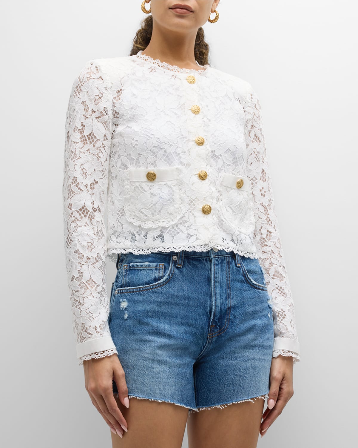 Shop Loveshackfancy Richard Cropped Floral Lace Jacket In Off White