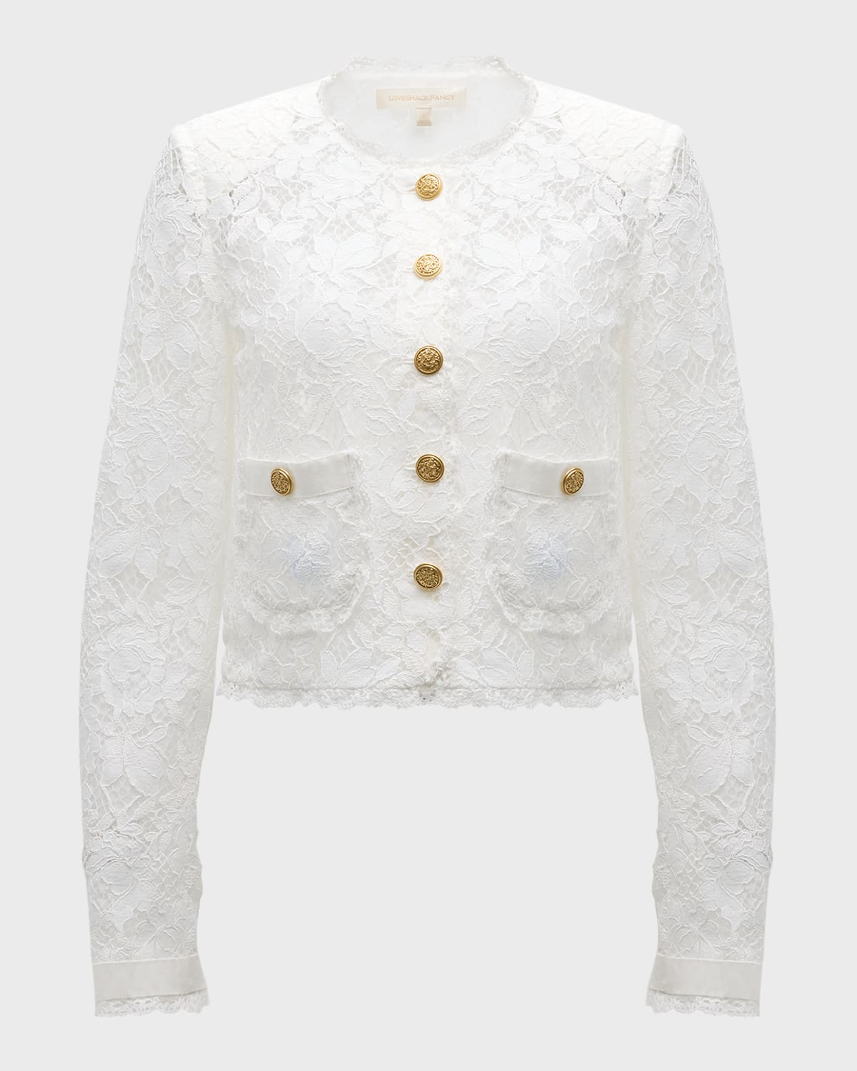 Shop Loveshackfancy Richard Cropped Floral Lace Jacket In Off White