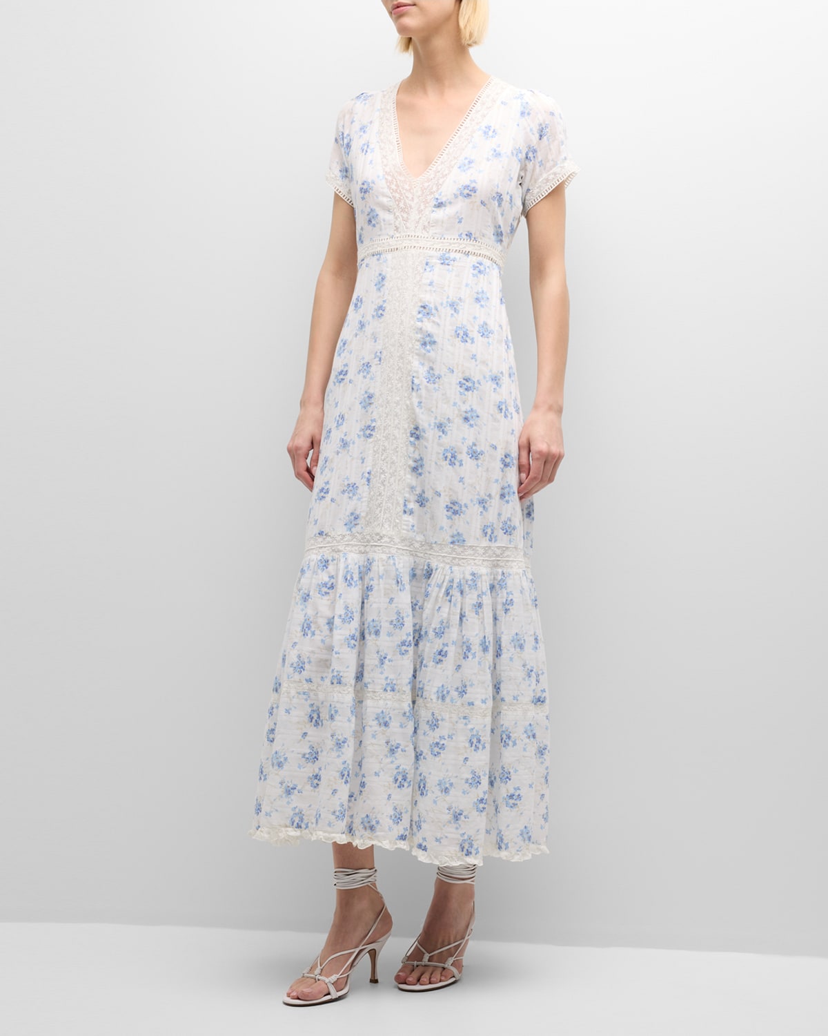 Shop Loveshackfancy Vermella Tiered Embroidered Cotton Midi Dress In Skysail Blue