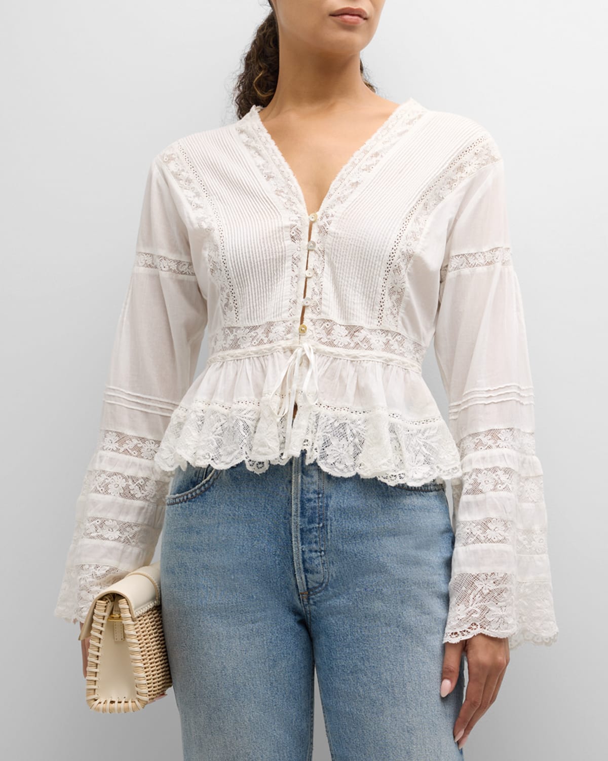 Shop Loveshackfancy Mindy Cotton Lace Pintuck Blouse In Bright White