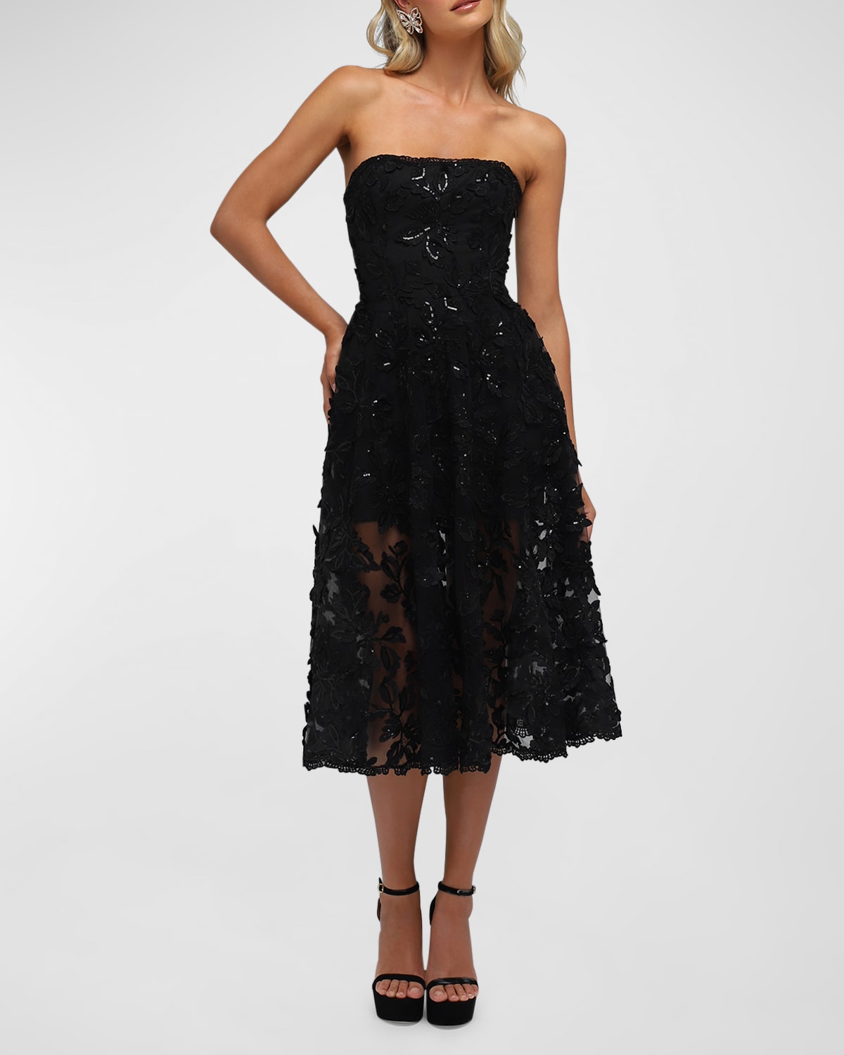 Florence Strapless Lace Applique Midi Dress