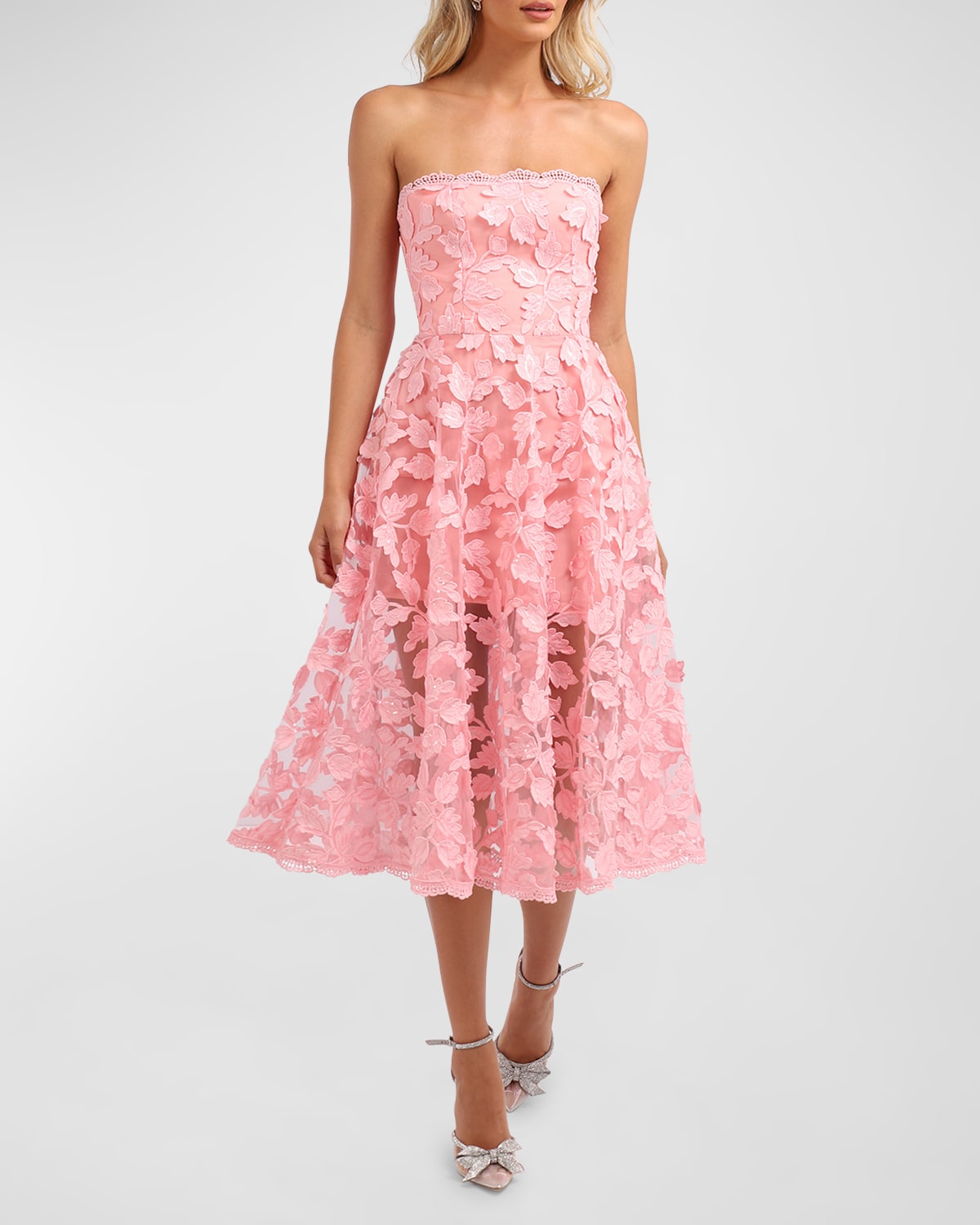 Shop Helsi Florence Strapless Lace Applique Midi Dress In Rose Petal
