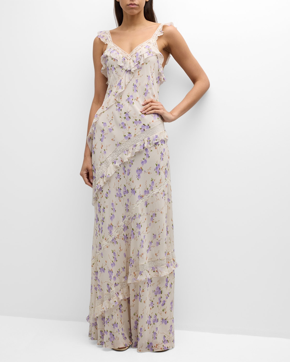 Shop Loveshackfancy Radiance Tiered Ruffle Floral Lace Maxi Dress In Dusty Lavender