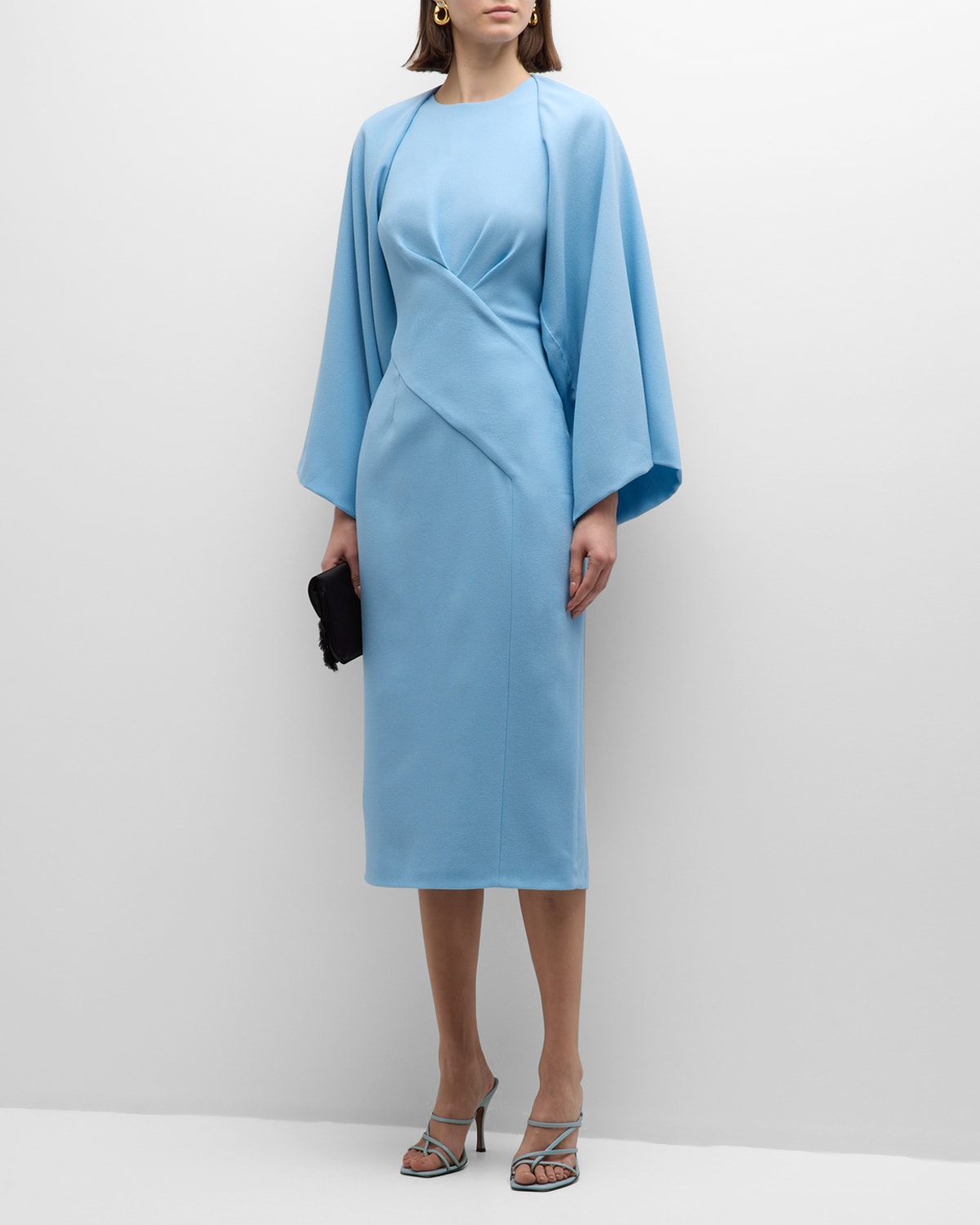 E.stott Paloma Crossover Cape-sleeve Midi Dress In Sky Blue