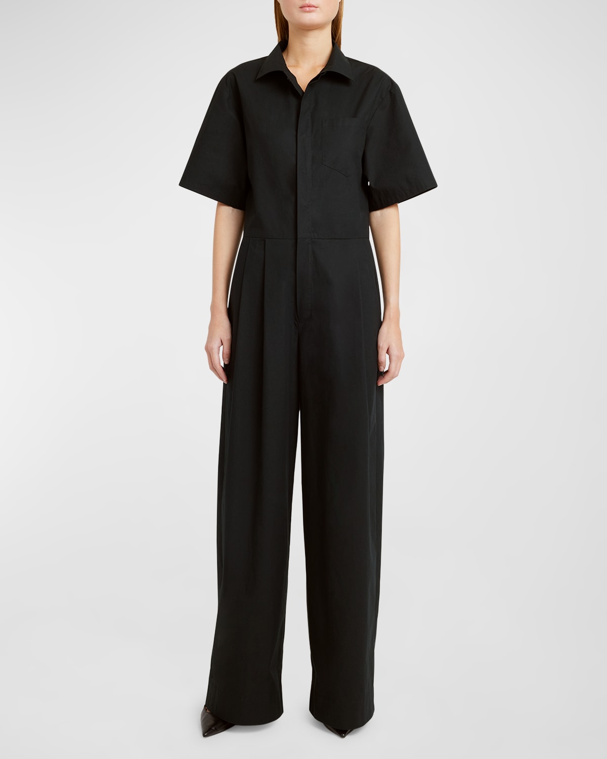 Shop Armarium Roman Short-sleeve Double-pleated Wide-leg Jumpsuit In Black
