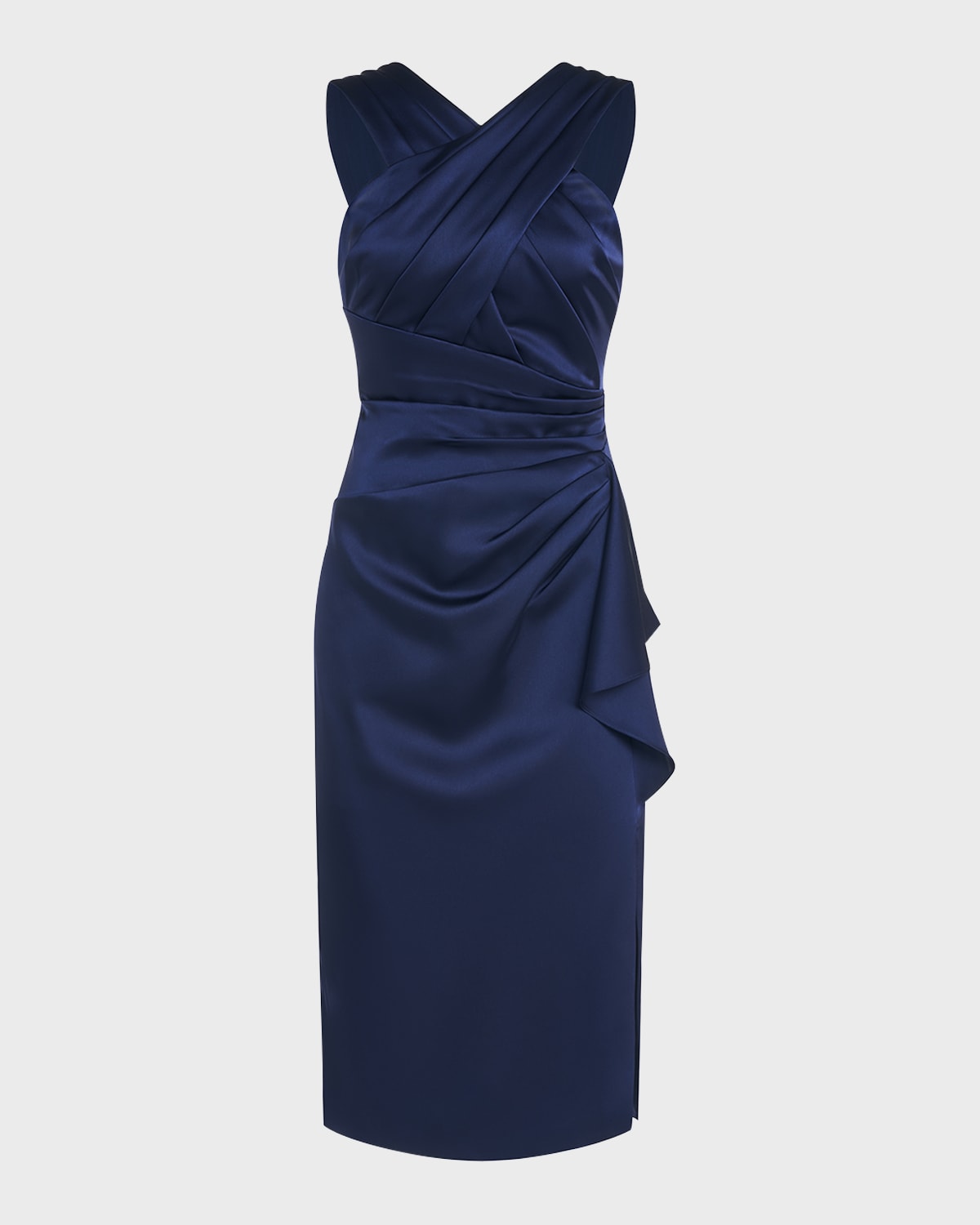 Theia Tierra Pleated Crossover Satin Midi Dress In Nautical Navy