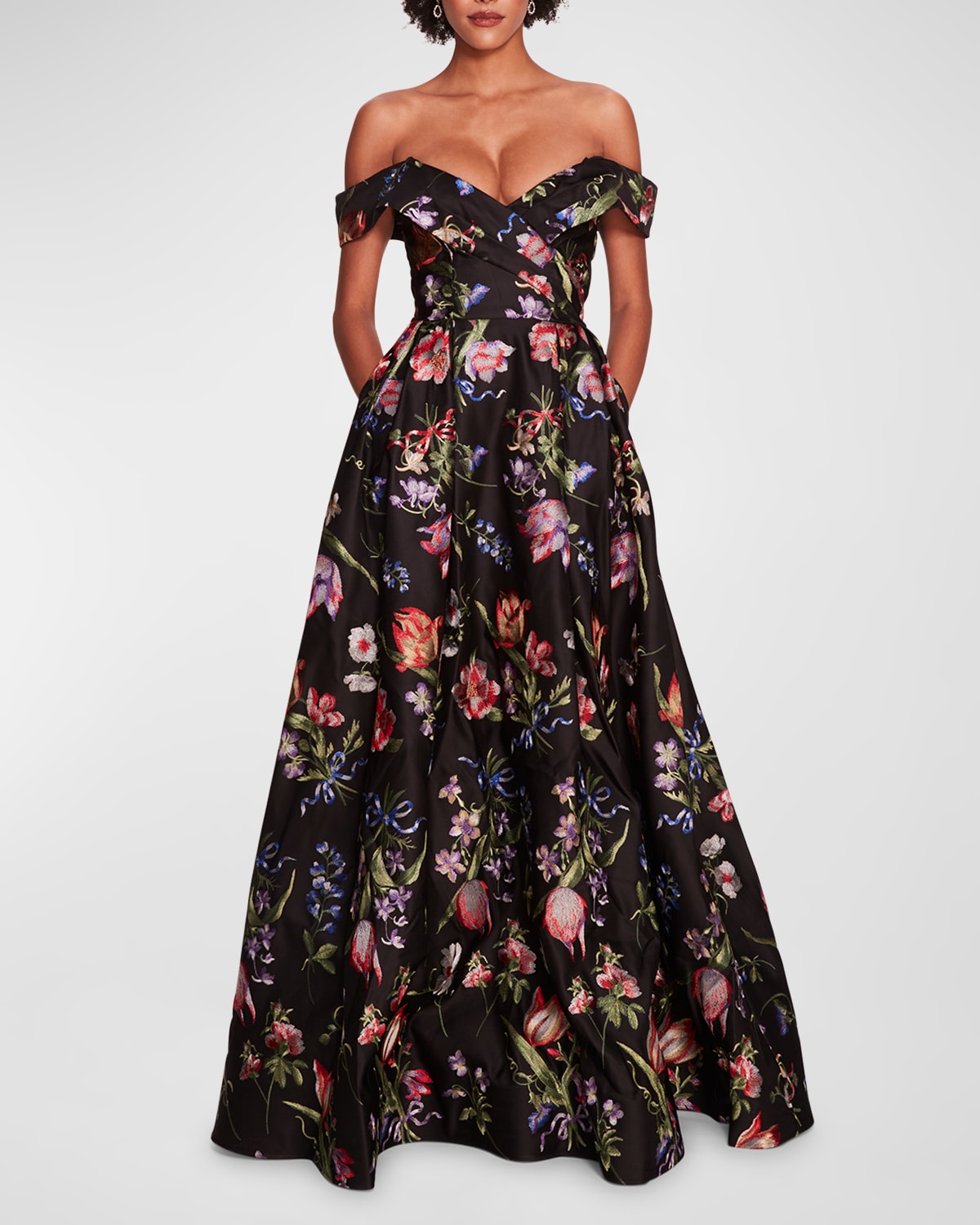 Shop Marchesa Notte Pleated Off-shoulder Floral-embroidered Gown In Black Multi