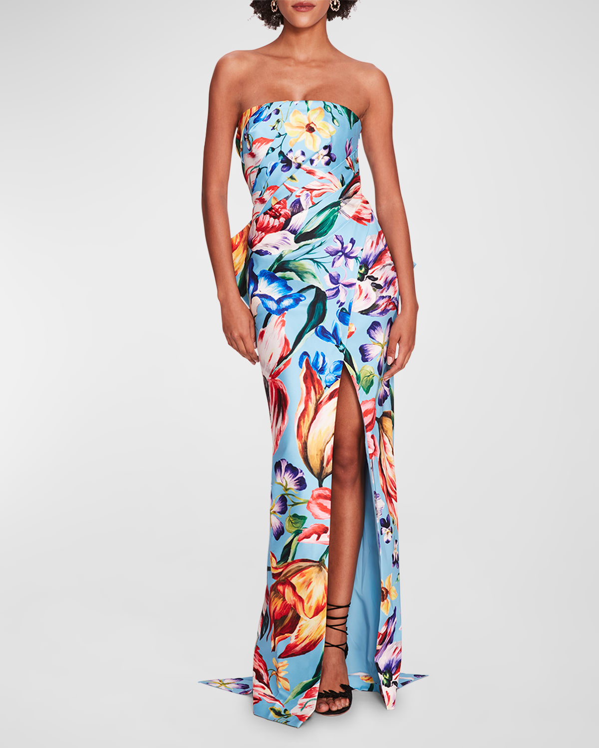 Marchesa Notte Strapless Pleated Floral-print Bow-back Gown In Blue