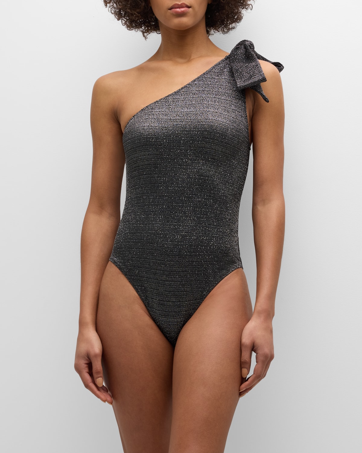 Shop Lisa Marie Fernandez Metallic One-shoulder Bow One-piece Swimsuit In Black Crepe