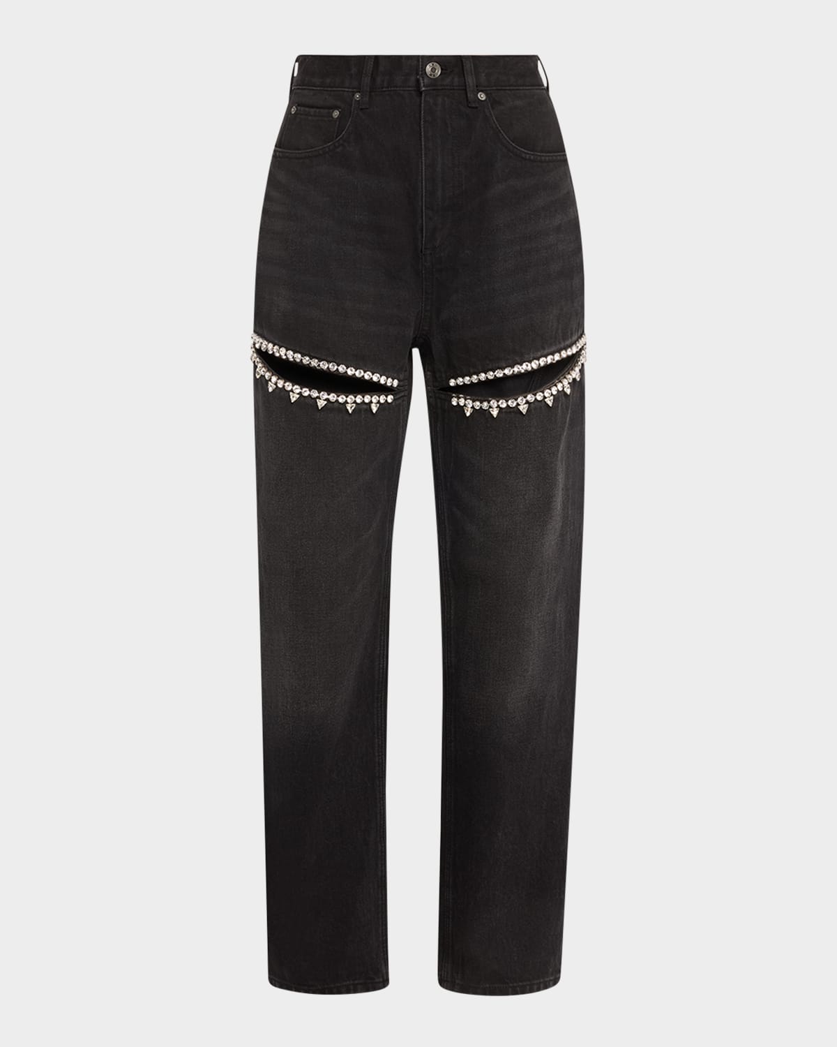 Shop Area Crystal Cutout Slit Straight Leg Jeans In Black