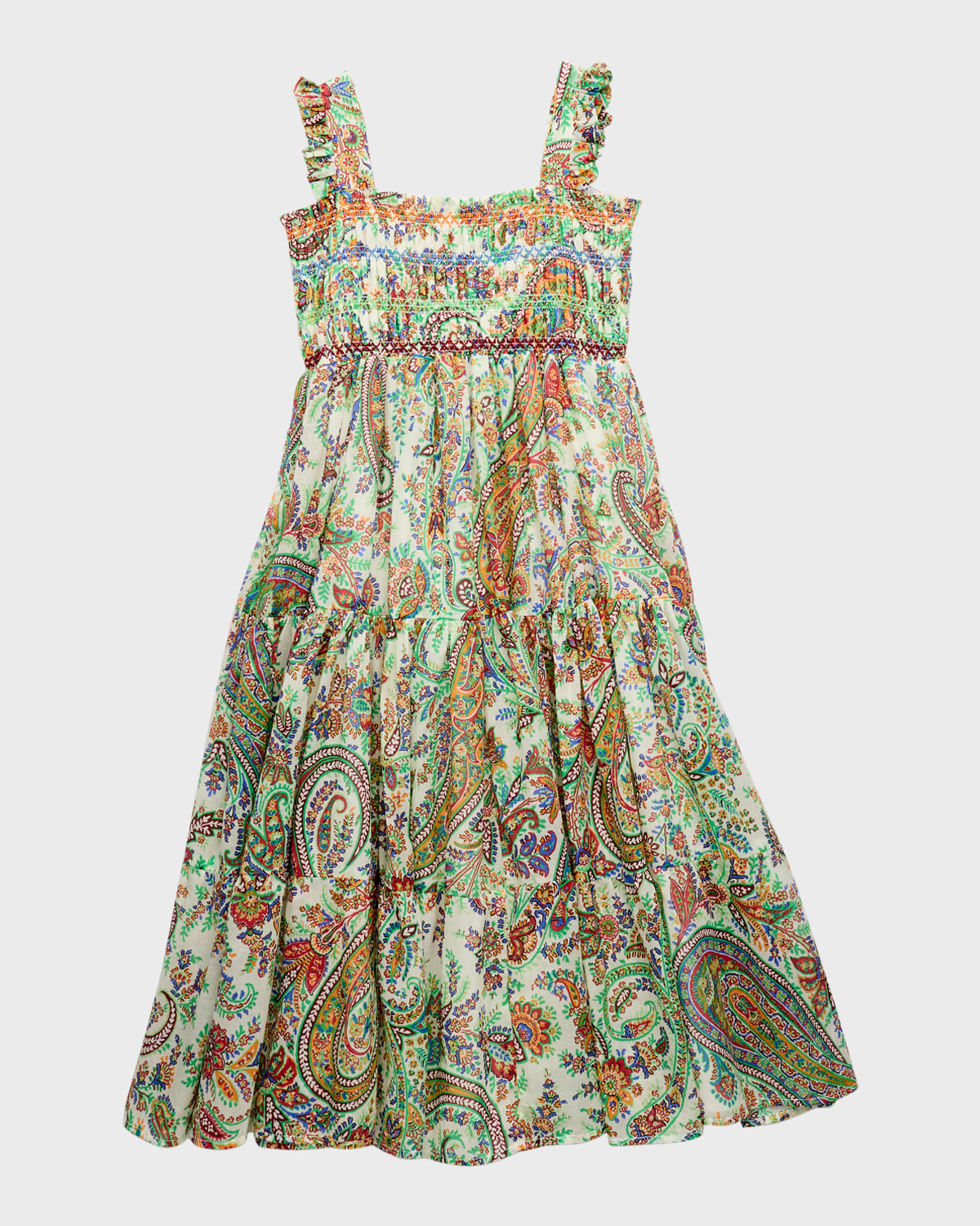 Shop Etro Girl's Paisley-print Long Cotton Dress In Green