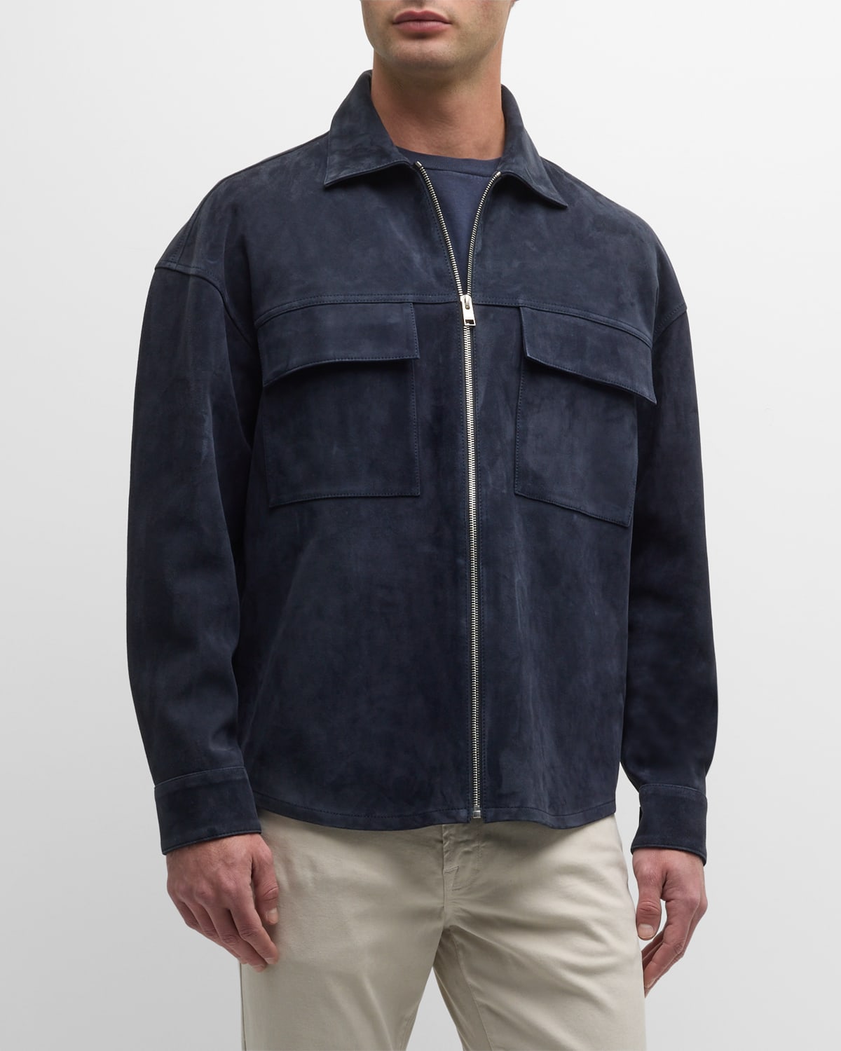 Shop Frame Men's Zip-front Suede Shirt In Dark Navy