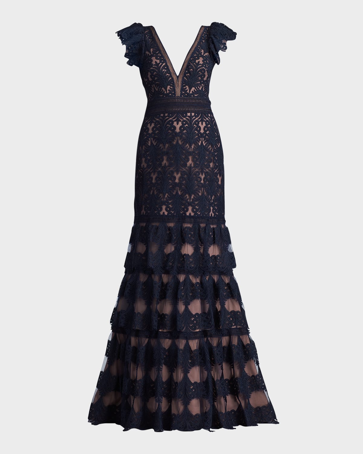 Tadashi Shoji Flutter Sleeve Tiered Plunge Neck Gown In Royal Navy