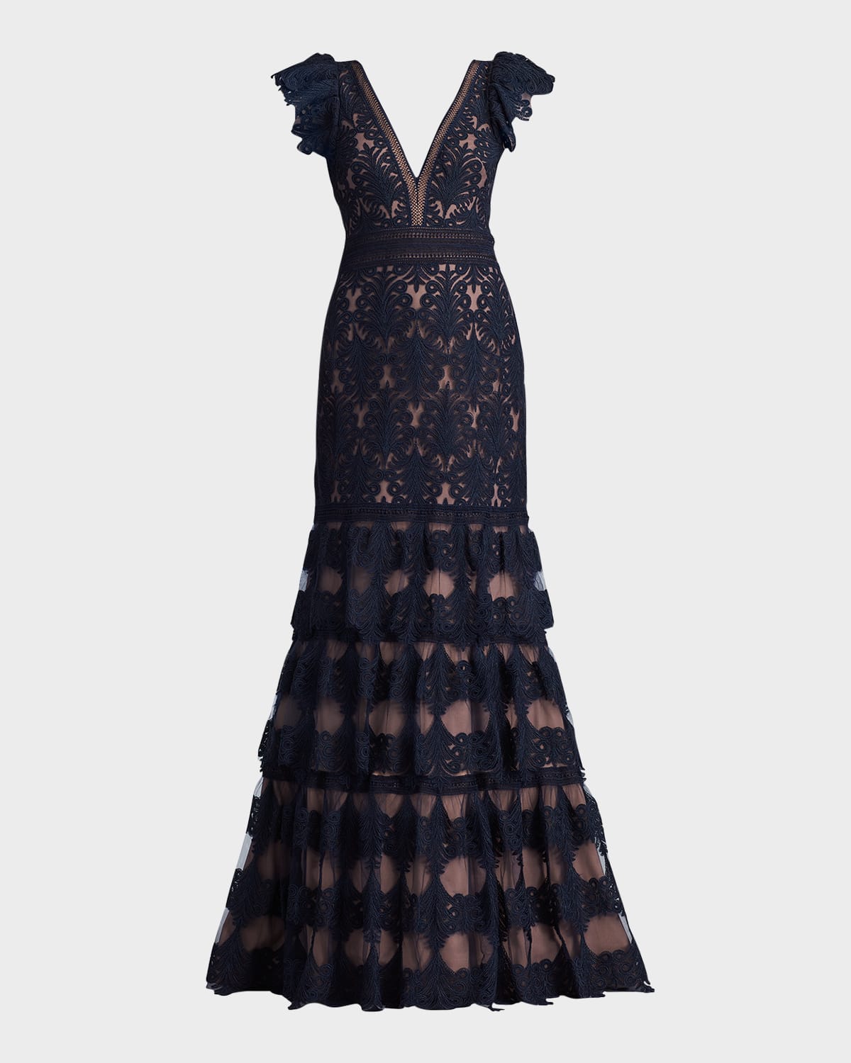 Shop Tadashi Shoji Flutter-sleeve Deep V-neck Ruffle Lace Gown In Royal Navy