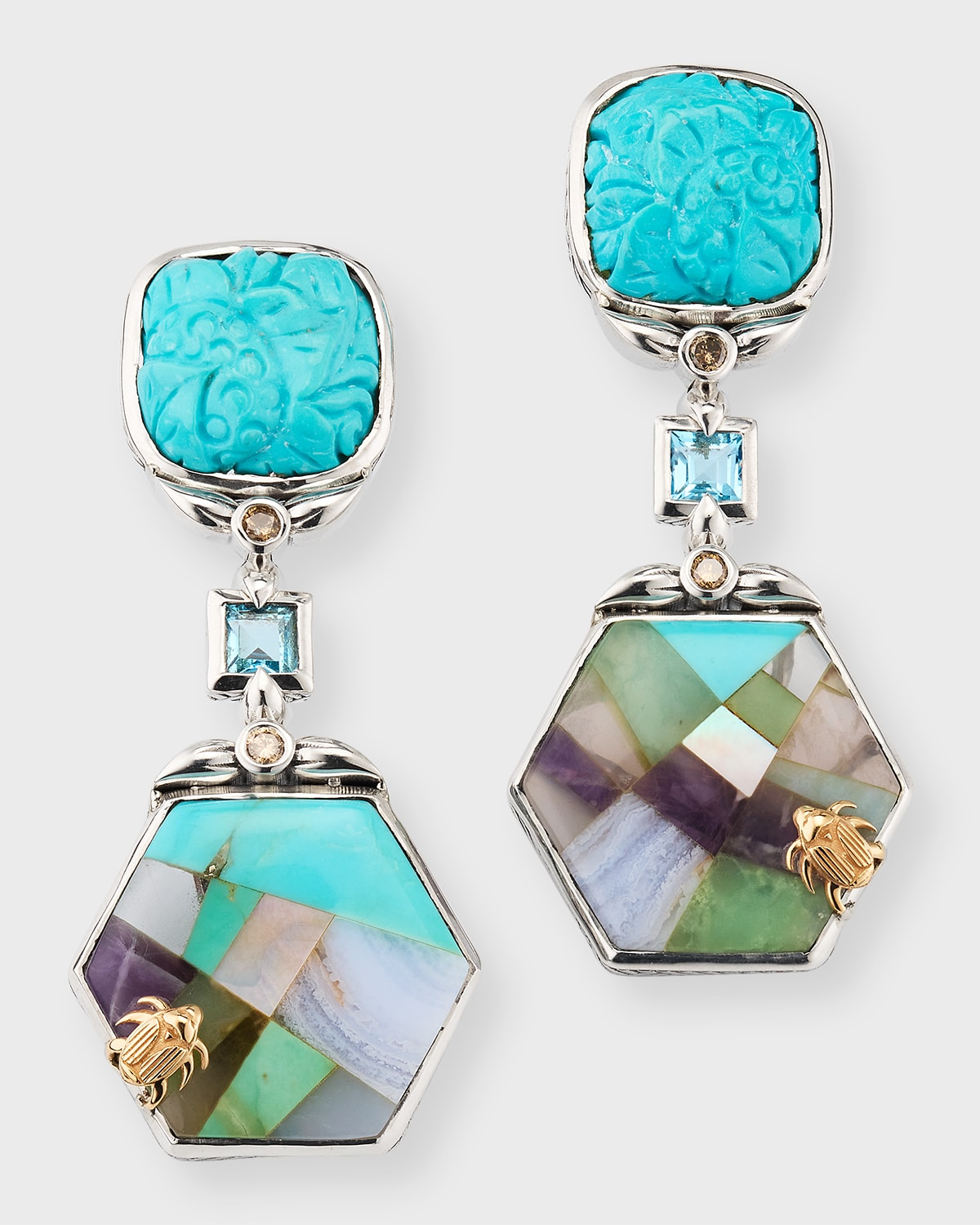 Hand Carved Turquoise and Opal Mosaic Earrings with Diamonds and Topaz