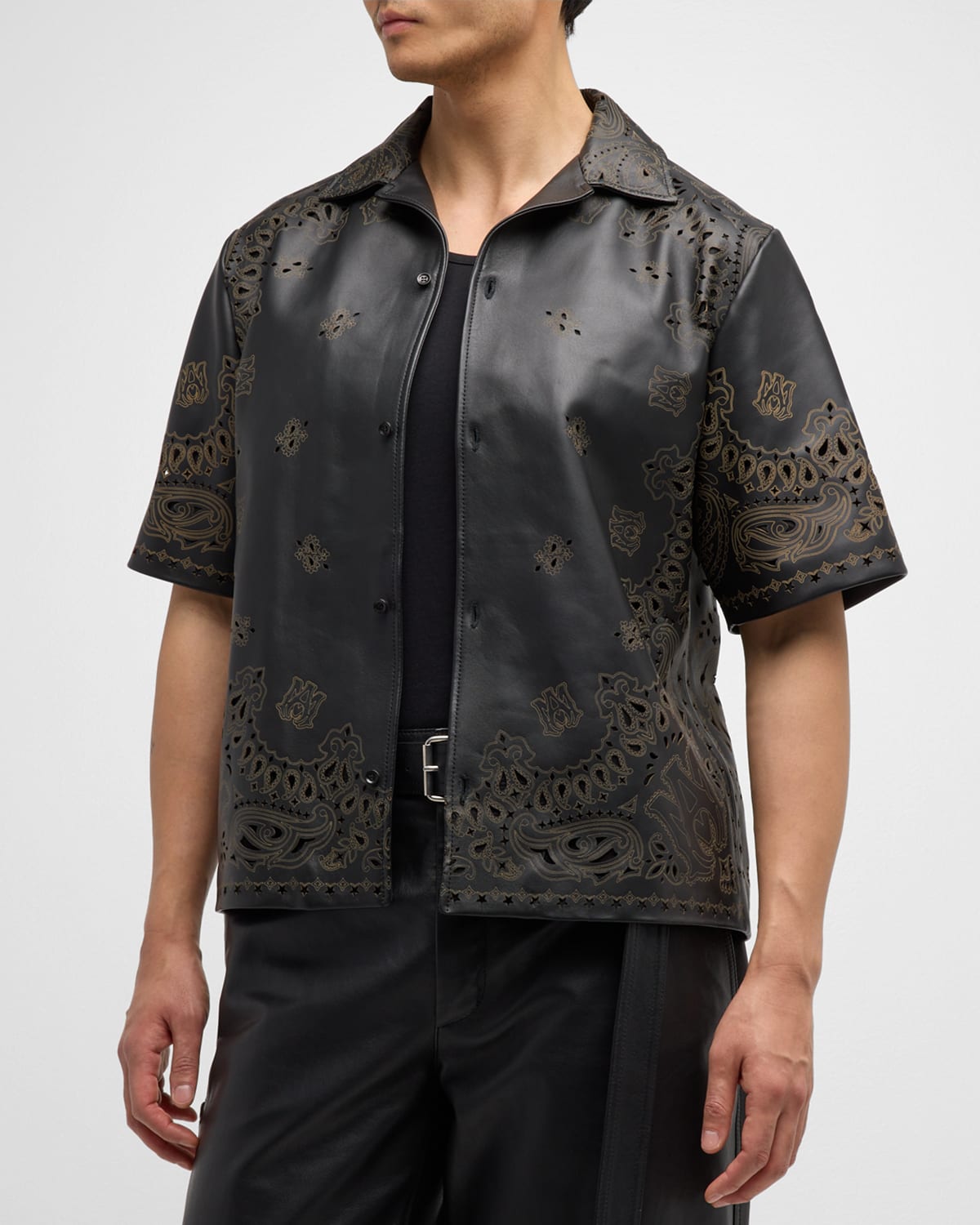 Shop Amiri Men's Leather Laser-cut Bandana Camp Shirt In Black