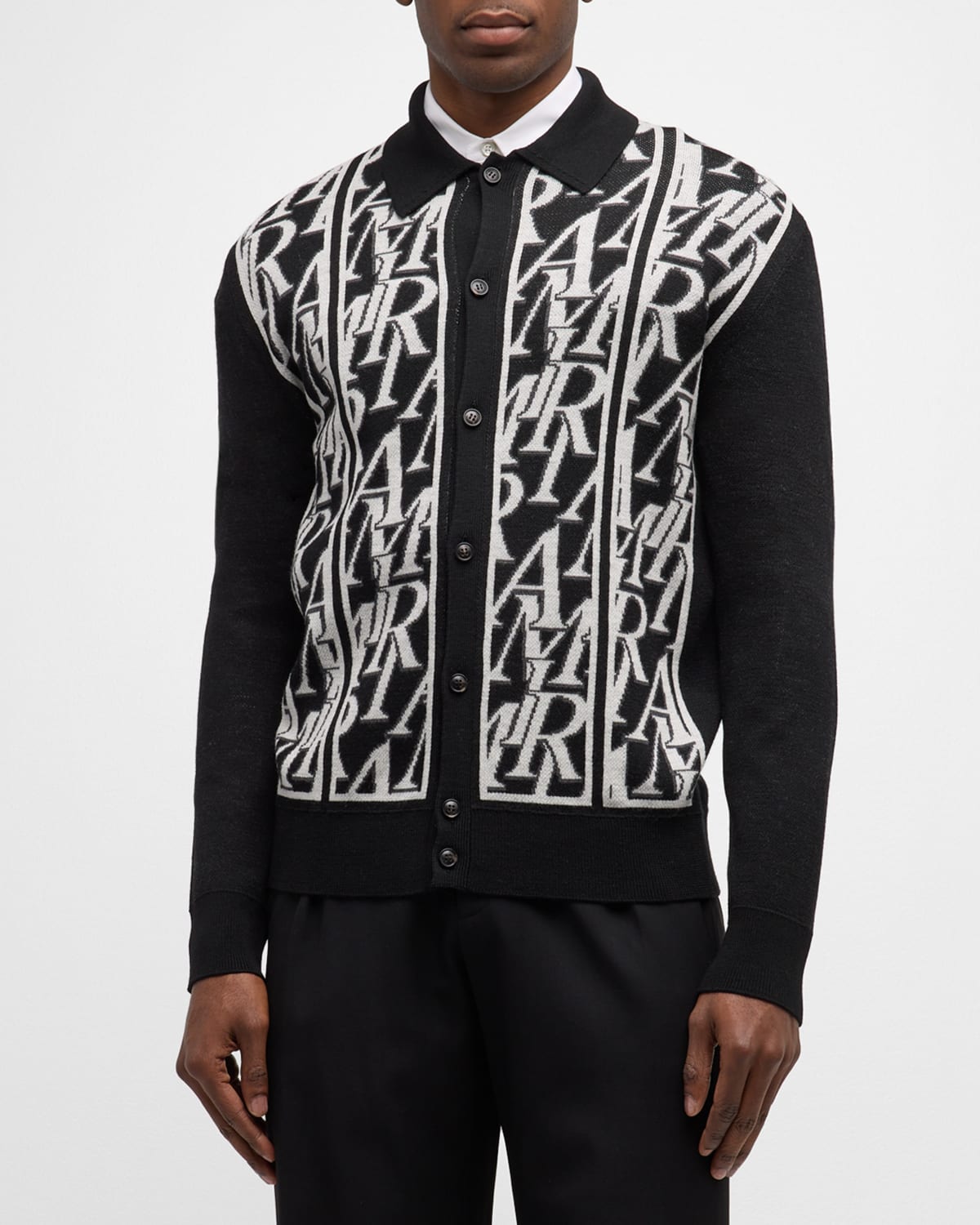 Shop Amiri Men's Repeat-logo Knit Polo Shirt In Black
