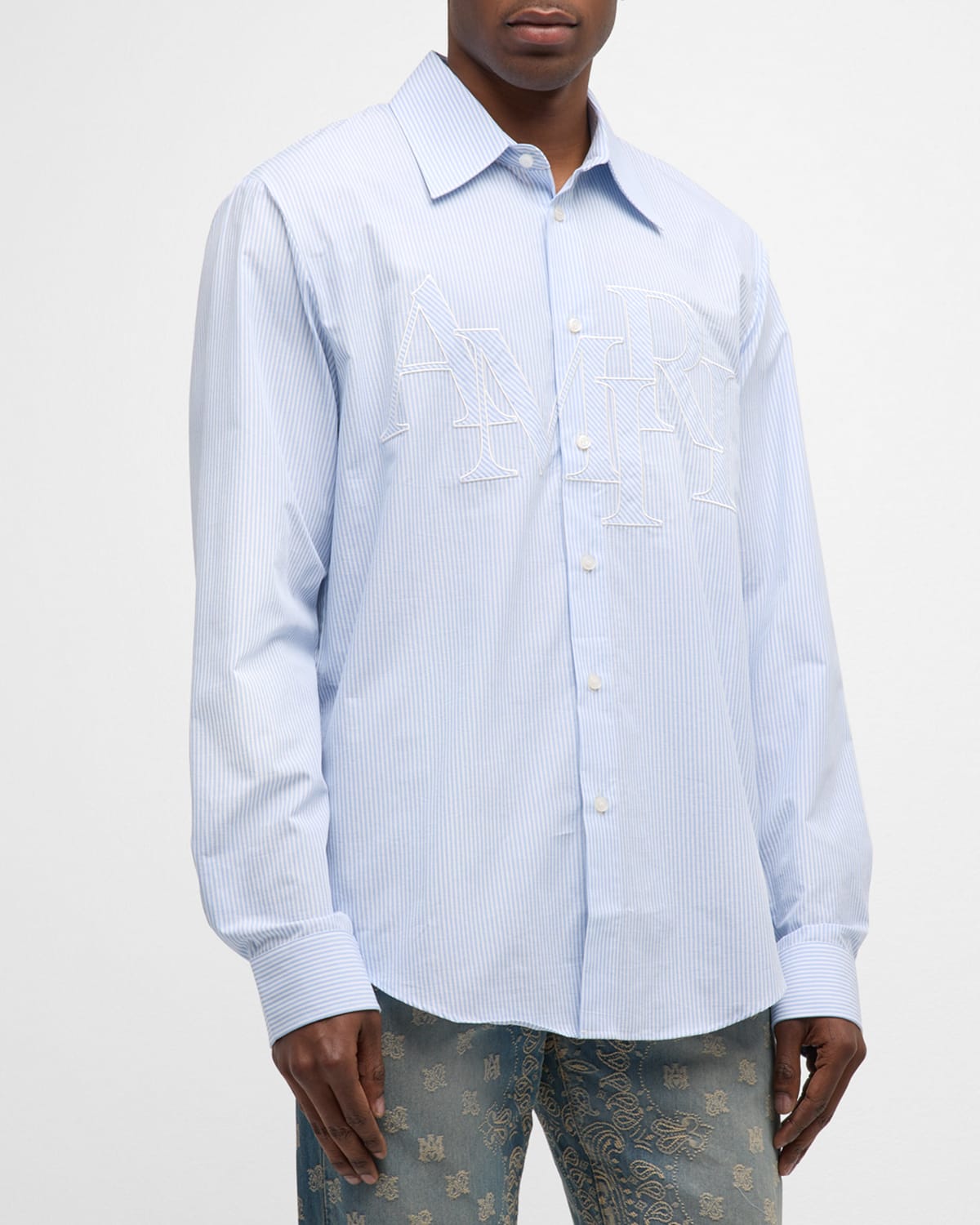 Shop Amiri Men's Staggered Pinstripe Sport Shirt In Air Blue