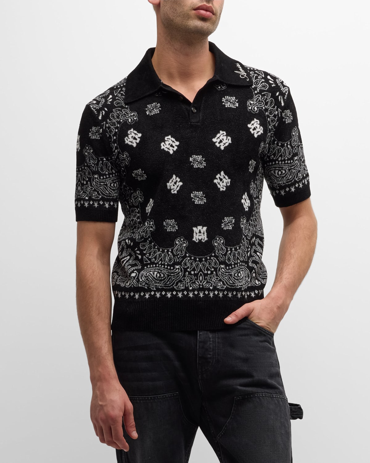 Shop Amiri Men's Bandana Knit Polo Shirt In Black