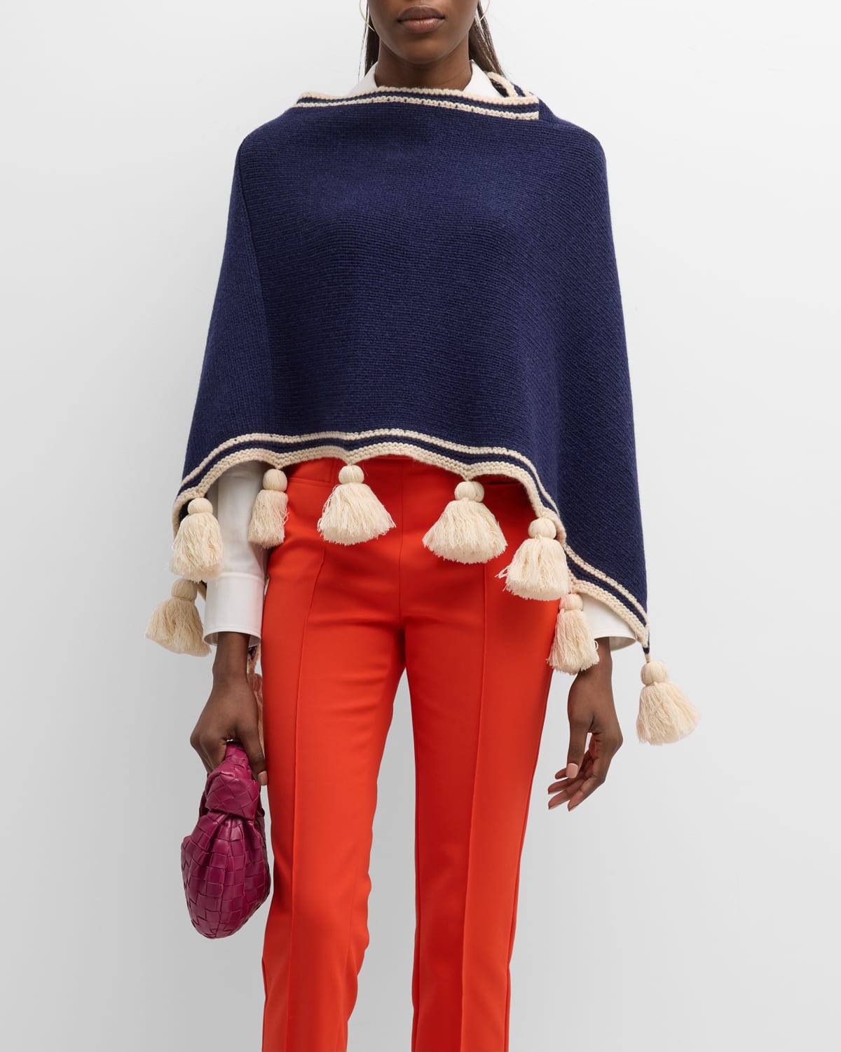 Frances Valentine Knit Tassel Poncho In Navy