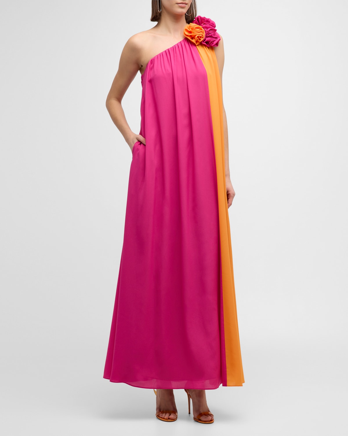 One-Shoulder Colorblock Trapeze Maxi Dress