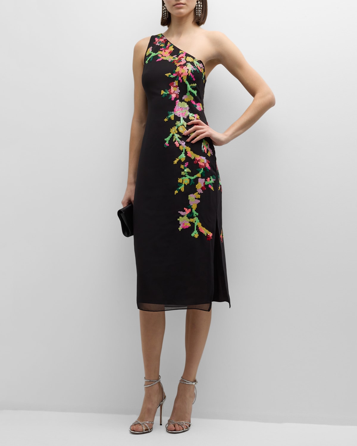 Liv Foster One-shoulder Floral Sequin Midi Dress In Black Multi